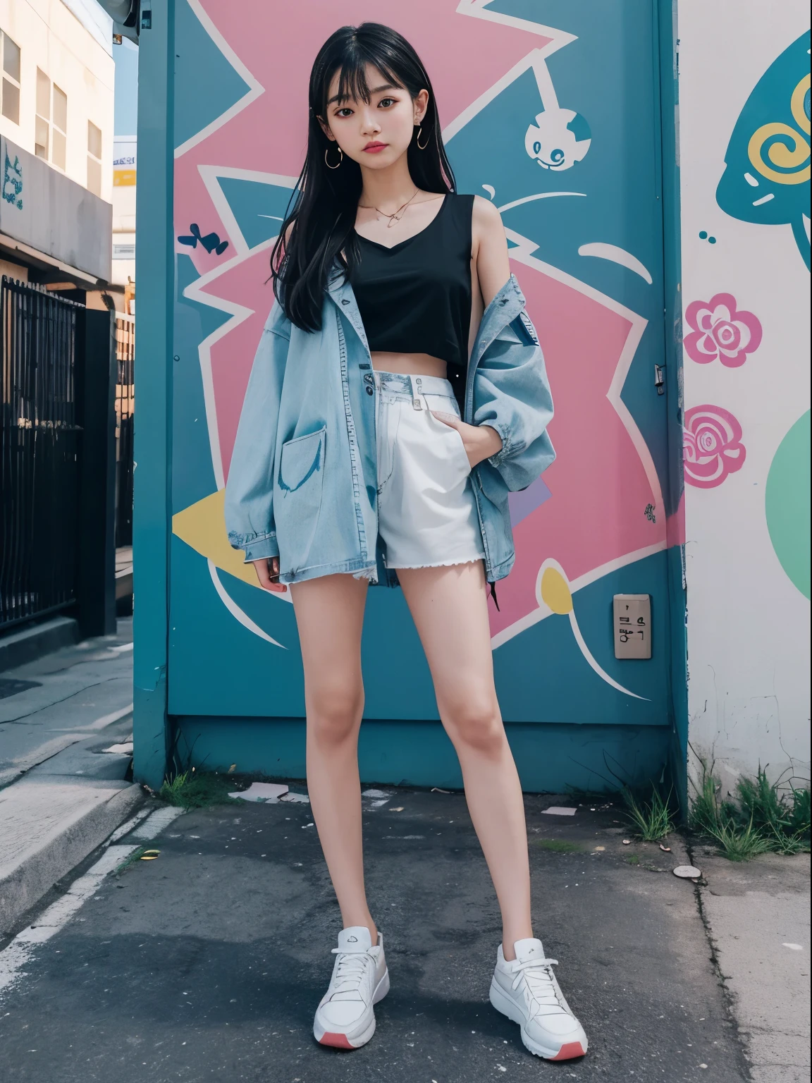 การถ่ายภาพนางแบบfashion, Gamin girl, half Korean ,fashion, summer, cute ,Street Style, full body, Graffiti wall on the street in the background，The walls are all graffiti in English.，Dream space --s 750 --q 2 --v 5.1