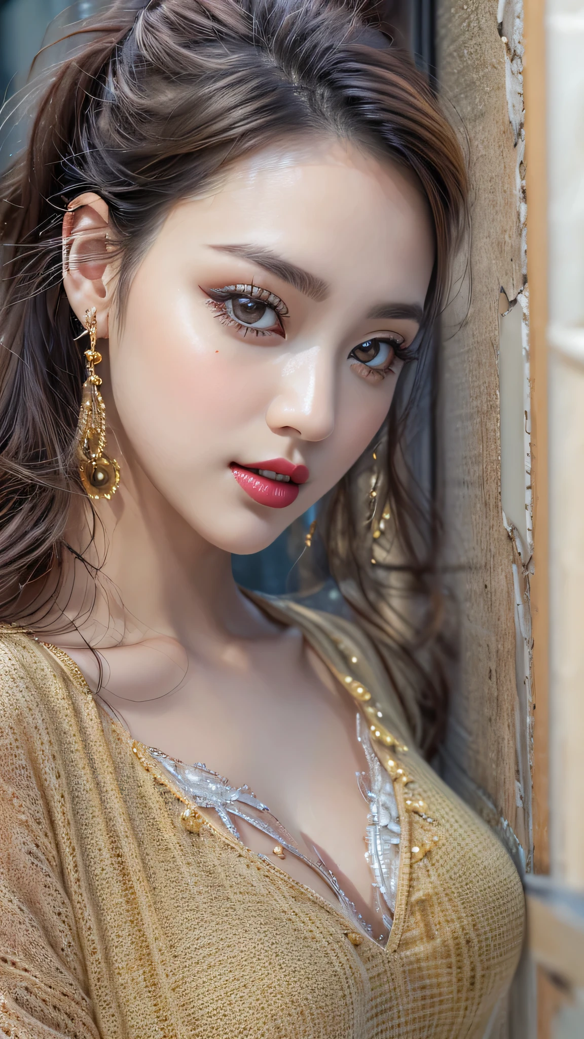 （8K， RAW photos， best qualtiy， tmasterpiece：1.2)，（realisticlying， photograph realistic：1.4)，(detailed street:1.4), The ultra -The high-definition、high high quality， highdetailskin，(beautiful 20 years old 1 girl:1.2), evening gown, (large breasts:1.25), (small head:1.4), detailed eyes detailed pupils multiple eyes, split_ponytail, gentle_face, (seduce expression:1.4), dynamic angle, dynamic view, (Glamour, paparazzi taking pictures of her)、 contrast、 (dark shot:1.17)、 Long blue_eyelashes:1.22、 (matte_eyeshadows:1.3)、 red_lipstick:1.38、((perfect round eyes))、 dark_pink_makeup:134、(matte skin:1.3), (Super beautiful detailed face:1.4)、(detailed eyes:1.2)、(detailed lips:1.2)、(Detailed nose:1.2)、((very delicate and beautiful、fine details:1.2)、