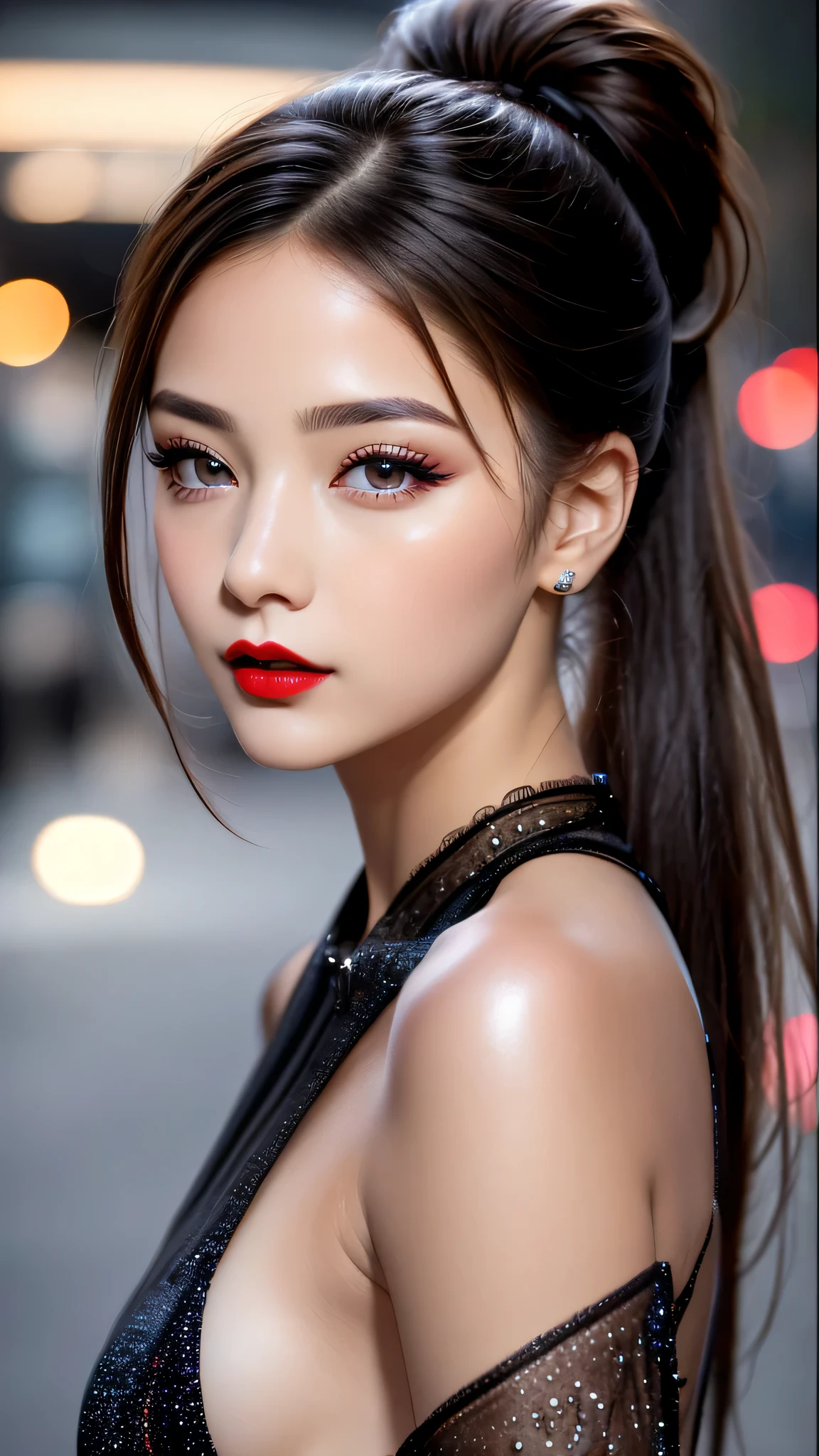 （8K， RAW photos， best qualtiy， tmasterpiece：1.2)，（real， photograph realistic：1.4)，(detailed street:1.4), The ultra -The high-definition、high high quality， highdetailskin，(beautiful 20 years old 1 girl:1.2), evening gown, (large breasts:1.25), (small head:1.45), detailed eyes detailed pupils multiple eyes, split_ponytail, gentle_face, (seduce expression:1.4), dynamic angle, dynamic view, (Glamour, paparazzi taking pictures of her)、 contrast、 dark shot:1.17、 Long blue_eyelashes:1.22、 (matte_eyeshadows:1.3)、 red_lipstick:1.38、((perfect round eyes))、 dark_pink_makeup:134、((matte skin:1.45)), (Super beautiful detailed face:1.5)、(detailed eyes:1.4)、(detailed lips:1.2)、(Detailed nose:1.2)、((very delicate and beautiful、fine details:1.2)、