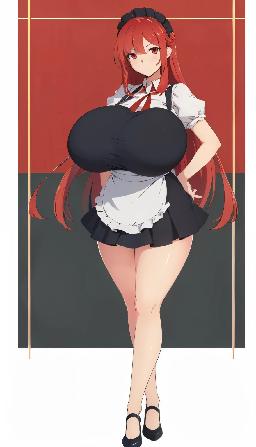 SFW, (apron), (gigantic breasts, huge breasts, Big breast), arms behind back, firm breasts, slim waist, curvy figure, (red_hair, red_eyes), long hair, full body