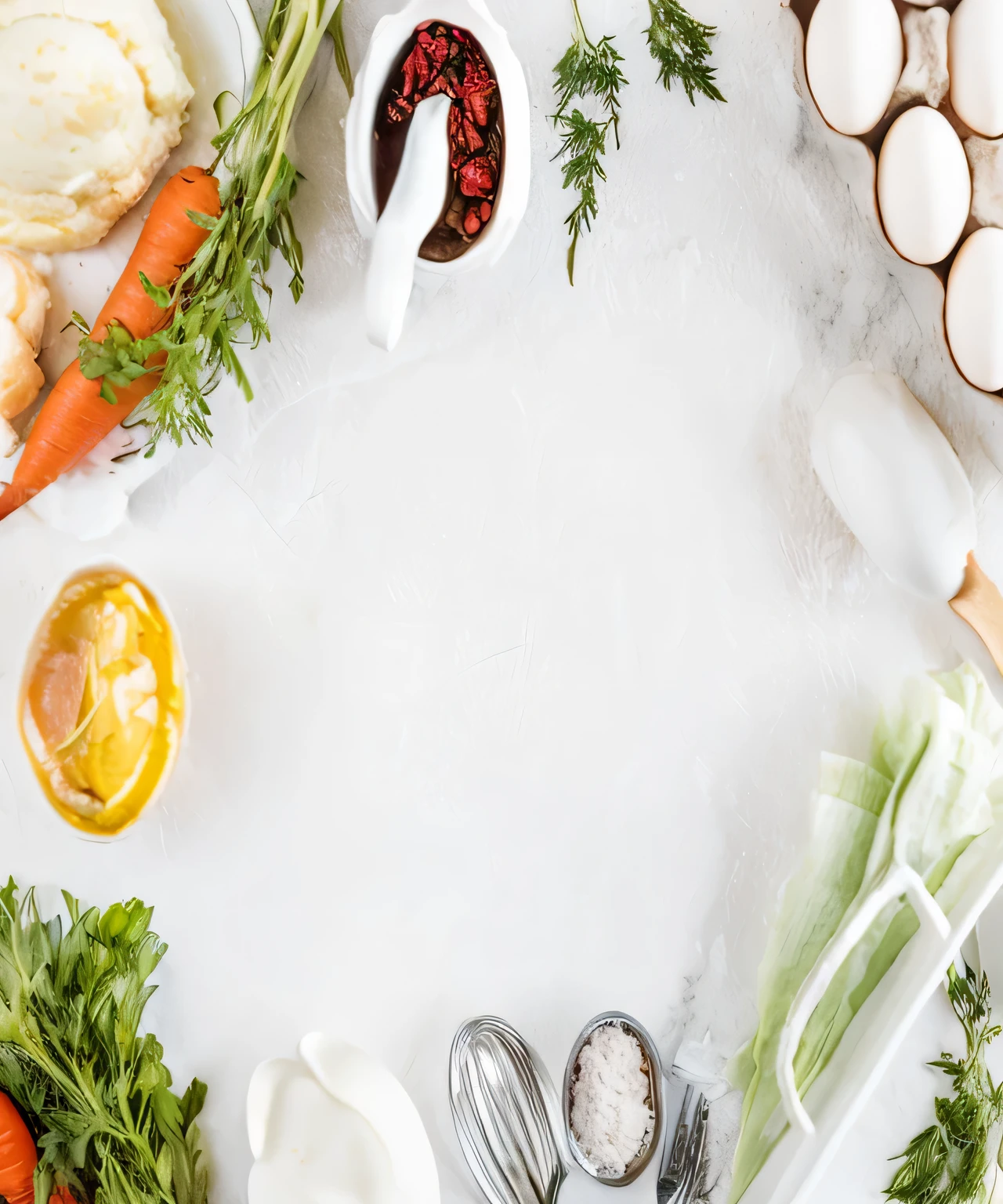 there are many ingredients on the table with eggs, carrots, and other things, ingredients on the table, kitchen background, food styling, gourmet cooking, styled food photography, gourmet and crafts, with a white background, food stylist, set against a white background, high quality product photography, on a white table, cookbook photo, cooking show, professional product photography