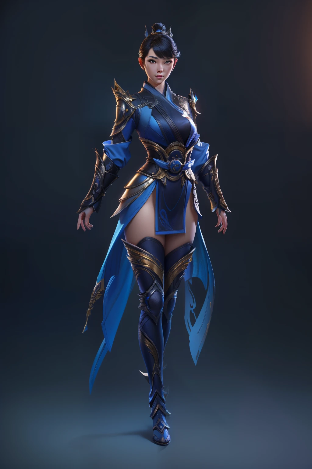 solo, super fine photo, full body digital art Unreal Engine 5 8K UHD of a girl, concept art, character concept design, wearing blue kimono with Japanese details with black tight bodysuit with metallic armor details, arms armor, Japanese short hair, best quality, masterpiece, super detailed, sharp focus, female pose