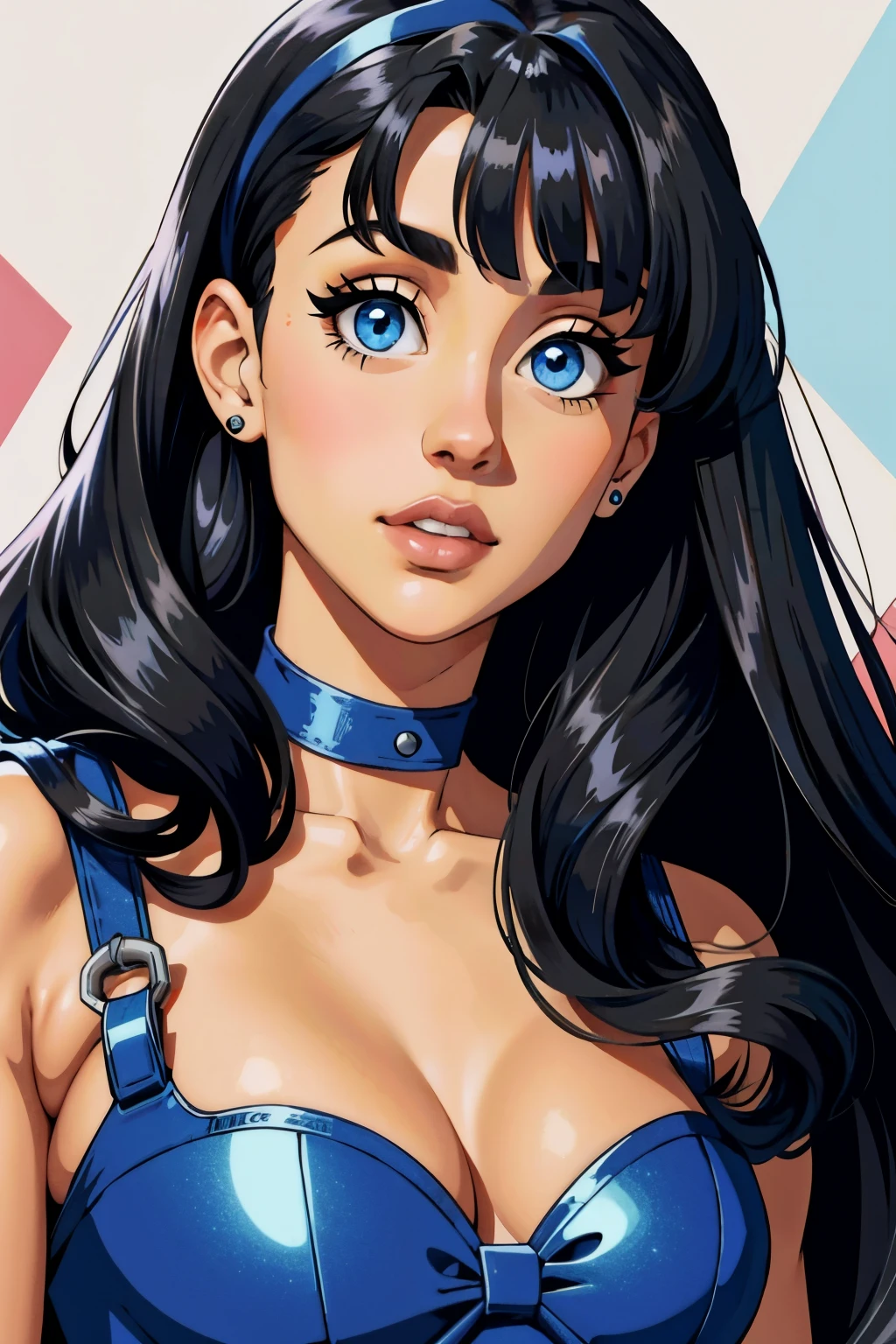 Ariana Grande, black straight hair, straight bangs, blue eyes