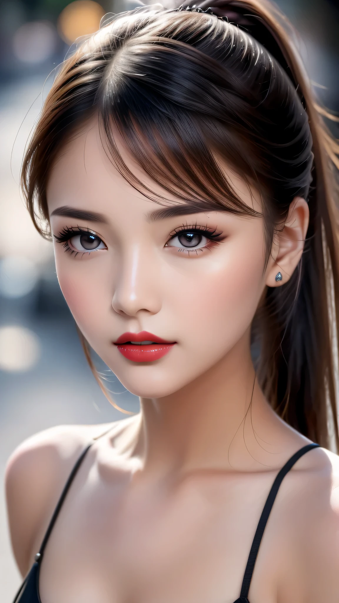 （8K， RAW photos， best qualtiy， tmasterpiece：1.2)，（real， photograph realistic：1.4)，(detailed street:1.4), The ultra -The high-definition、high high quality， highdetailskin，(beautiful 20 years old 1 girl:1.2), evening gown, (large breasts:1.25), (small head:1.45), detailed eyes detailed pupils multiple eyes, split_ponytail, gentle_face, (seduce expression:1.4), dynamic angle, dynamic view, (Glamour, paparazzi taking pictures of her)、 contrast、 dark shot:1.17、 Long blue_eyelashes:1.22、 (matte_eyeshadows:1.3)、 red_lipstick:1.38、((perfect round eyes))、 dark_pink_makeup:134、((matte skin:1.45)), (Super beautiful detailed face:1.5)、(detailed eyes:1.4)、(detailed lips:1.2)、(Detailed nose:1.2)、((very delicate and beautiful、fine details:1.2)、