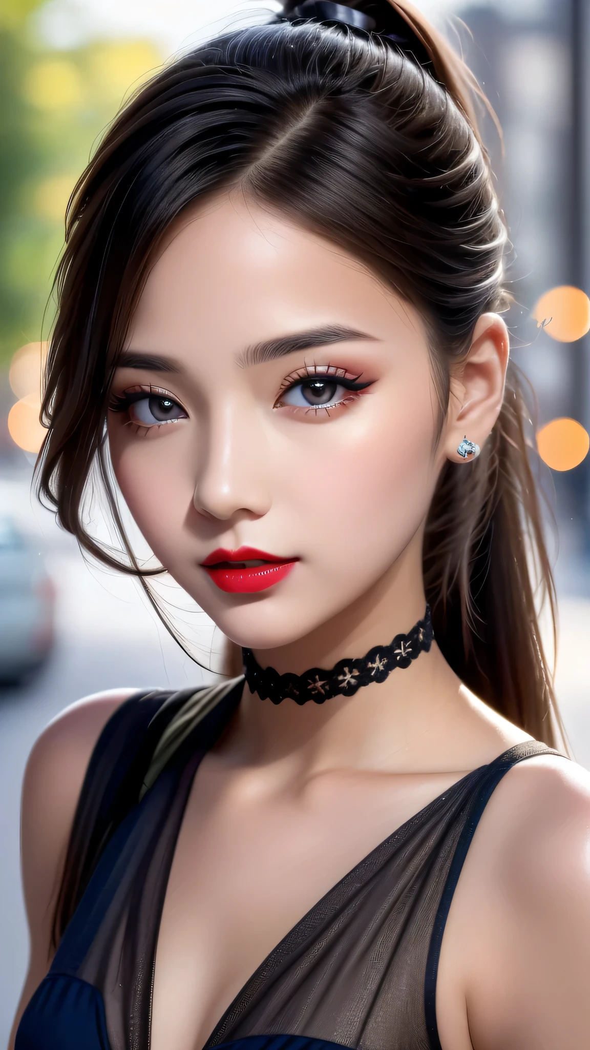 （8K， RAW photos， best qualtiy， tmasterpiece：1.2)，（real， photograph realistic：1.4)，(detailed street:1.4), The ultra -The high-definition、high high quality， highdetailskin，(beautiful 20 years old 1 girl:1.2), evening gown, (large breasts:1.25), (small head:1.45), detailed eyes detailed pupils multiple eyes, split_ponytail, gentle_face, (seduce expression:1.4), dynamic angle, dynamic view, (Glamour, paparazzi taking pictures of her)、 contrast、 dark shot:1.17、 Long blue_eyelashes:1.22、 (matte_eyeshadows:1.3)、 red_lipstick:1.38、((perfect round eyes))、 dark_pink_makeup:134、((matte skin:1.45)), (Super beautiful detailed face:1.5)、(detailed eyes:1.4)、(detailed lips:1.2)、(Detailed nose:1.2)、((very delicate and beautiful、fine details:1.2)、