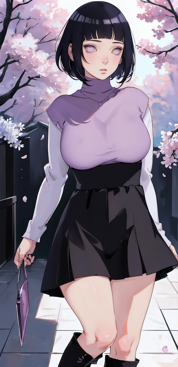 { -  error} (Masterpiece - Ultra-detailed, very high resolution) (huge titusty, masterpiece, absurdres, hinata\(boruto\), 1girl, solo,mature female, lilac turtleneck blouse, high waist black short skirt, looking at viewelling petals), perfect composition, detailed lips, big breast, beautiful face, body propotion, blush, (pink lips), short hair, (black hair), purple eyes, soft gaze, super realistic, detailed, photoshoot, realistic face and body, closed mouth, dancing ligthly , lilac eyes, full body, walking on the floor , black boots, perfect fingers, inocent face