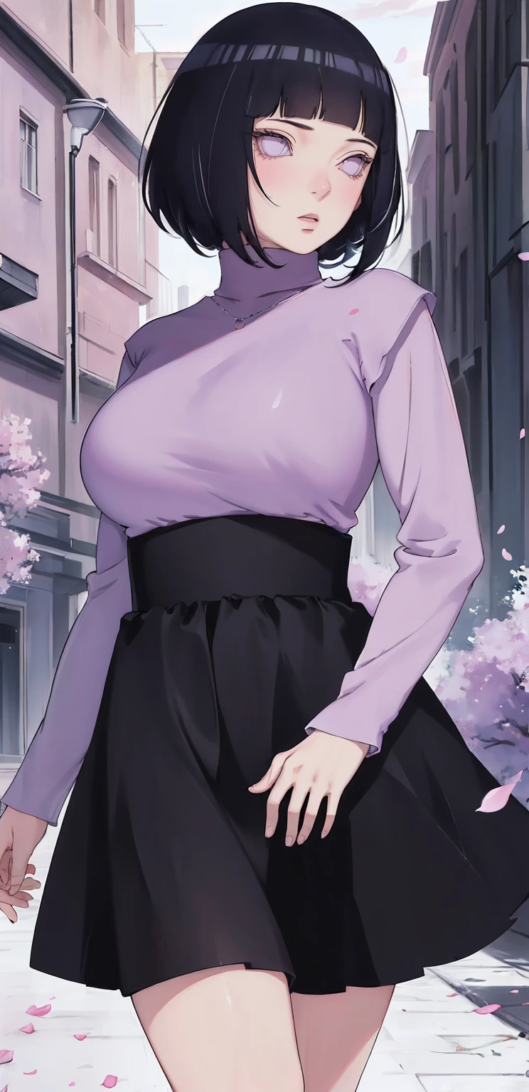 { - anatomy error} (Masterpiece - Ultra-detailed, very high resolution) (huge titusty, masterpiece, absurdres, hinata\(boruto\), 1girl, solo,mature female, lilac turtleneck blouse, high waist black short skirt, looking at viewelling petals), perfect composition, detailed lips, big breast, beautiful face, body propotion, blush, (pink lips), short hair, (black hair), purple eyes, soft gaze, super realistic, detailed, photoshoot, realistic face and body, closed mouth, dancing ligthly , lilac eyes, full body, walking on the floor , black boots, perfect fingers, inocent face