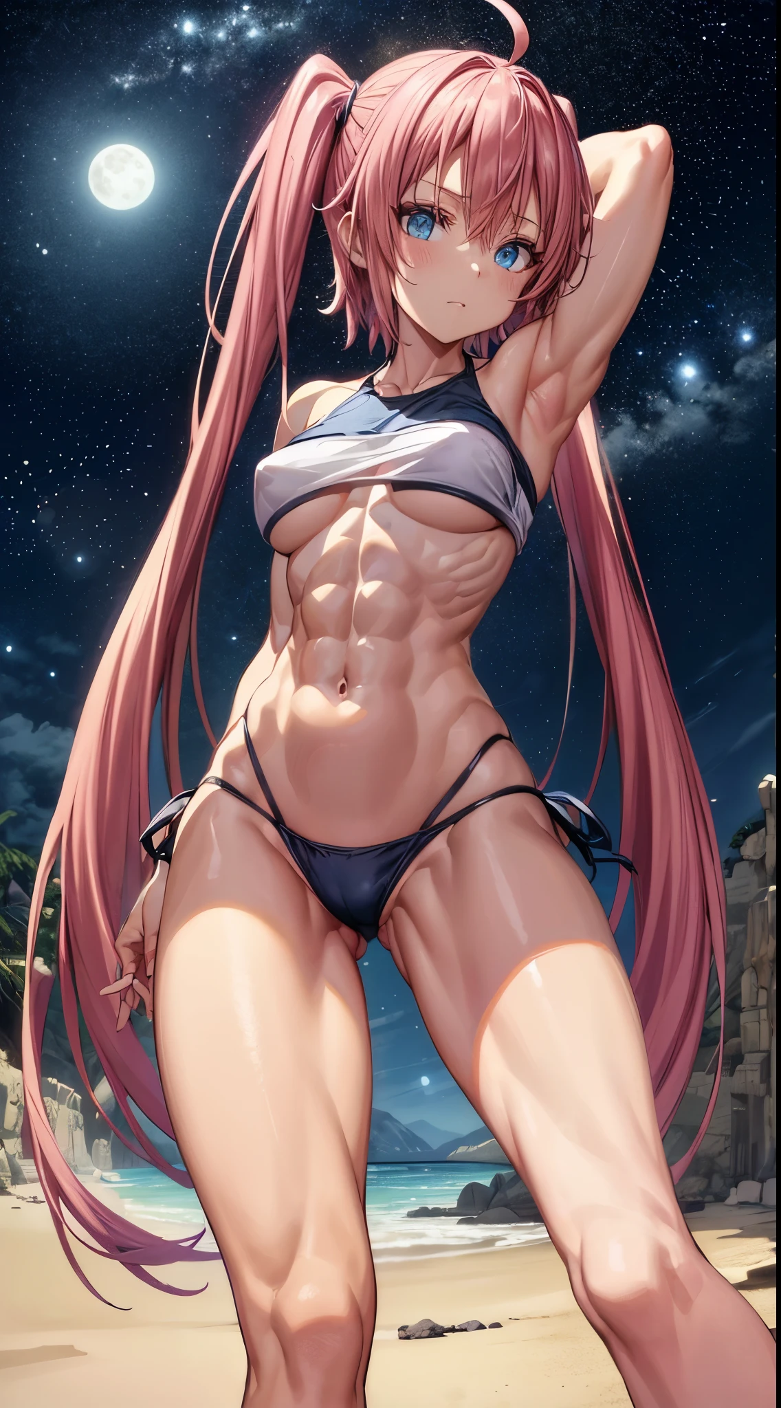 1 girl, (medium breasts))), (((wearing short bikini))), (long pink hair), (((blue eyes))), Thin arms, (on the beach at night with starry sky and full moon blood), (thin waist), (((long muscular legs))), muscular belly, barefoot, (((showing me your big ass))), (full body photo), (twintails), long eyes, eye flare, moodiness, anime, anime style, ray tracing, Reflection, drop shadow, Panorama, Sony FE, 8k, UDisk, artwork, accurate, anatomically correct, super detail, best quality, ultra-high resolution, disk hard, 16k