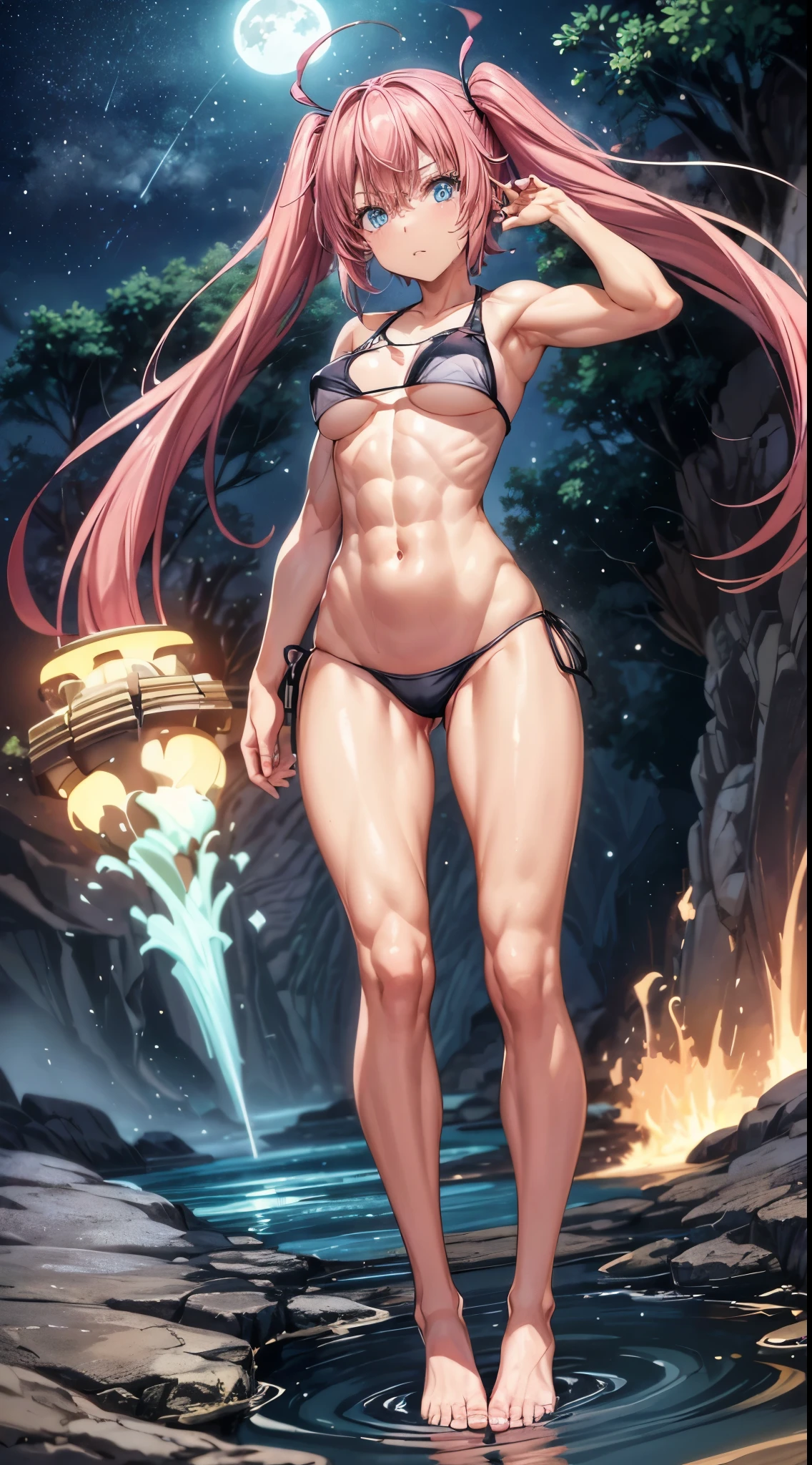 1 girl, (medium breasts))), (((wearing short bikini))), (long pink hair), (((blue eyes))), Thin arms, (on the beach at night with starry sky and full moon blood), (thin waist), (((long muscular legs))), muscular belly, barefoot, (((showing me your big ass))), (full body photo), (twintails), long eyes, eye flare, moodiness, anime, anime style, ray tracing, Reflection, drop shadow, Panorama, Sony FE, 8k, UDisk, artwork, accurate, anatomically correct, super detail, best quality, ultra-high resolution, disk hard, 16k