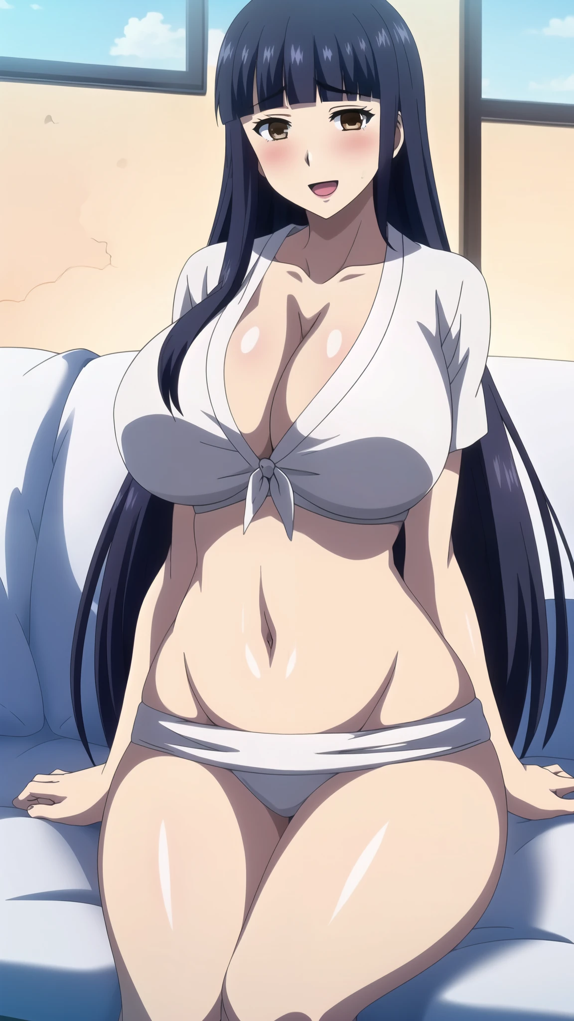 master piece, 1girl, solo, long hair, :d, sitting on couch, looking at viewer, blush, open mouth, wide hips, large breasts, navel, cleavage, brown eyes, black hair, japanese clothes, midriff, blunt bangs, huge breasts, front-tie top, tied shirt, fundoshi, yamakasa