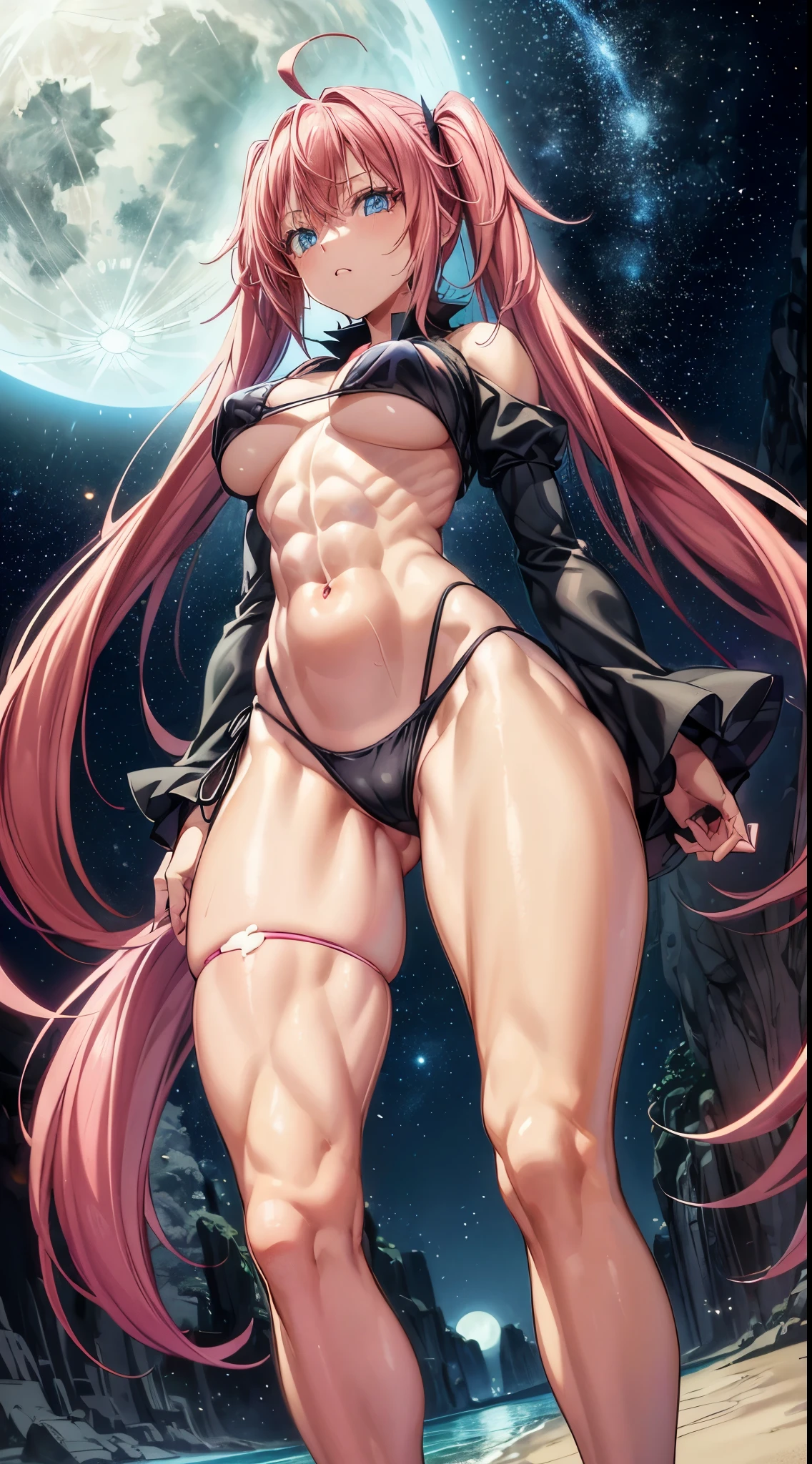 1 girl, (medium breasts))), (((wearing short bikini))), (long pink hair), (((blue eyes))), Thin arms, (on the beach at night with starry sky and full moon blood), (thin waist), (((long muscular legs))), muscular belly, barefoot, (((showing me your big ass))), (full body photo), (twintails), long eyes, eye flare, moodiness, anime, anime style, ray tracing, Reflection, drop shadow, Panorama, Sony FE, 8k, UDisk, artwork, accurate, anatomically correct, super detail, best quality, ultra-high resolution, disk hard, 16k