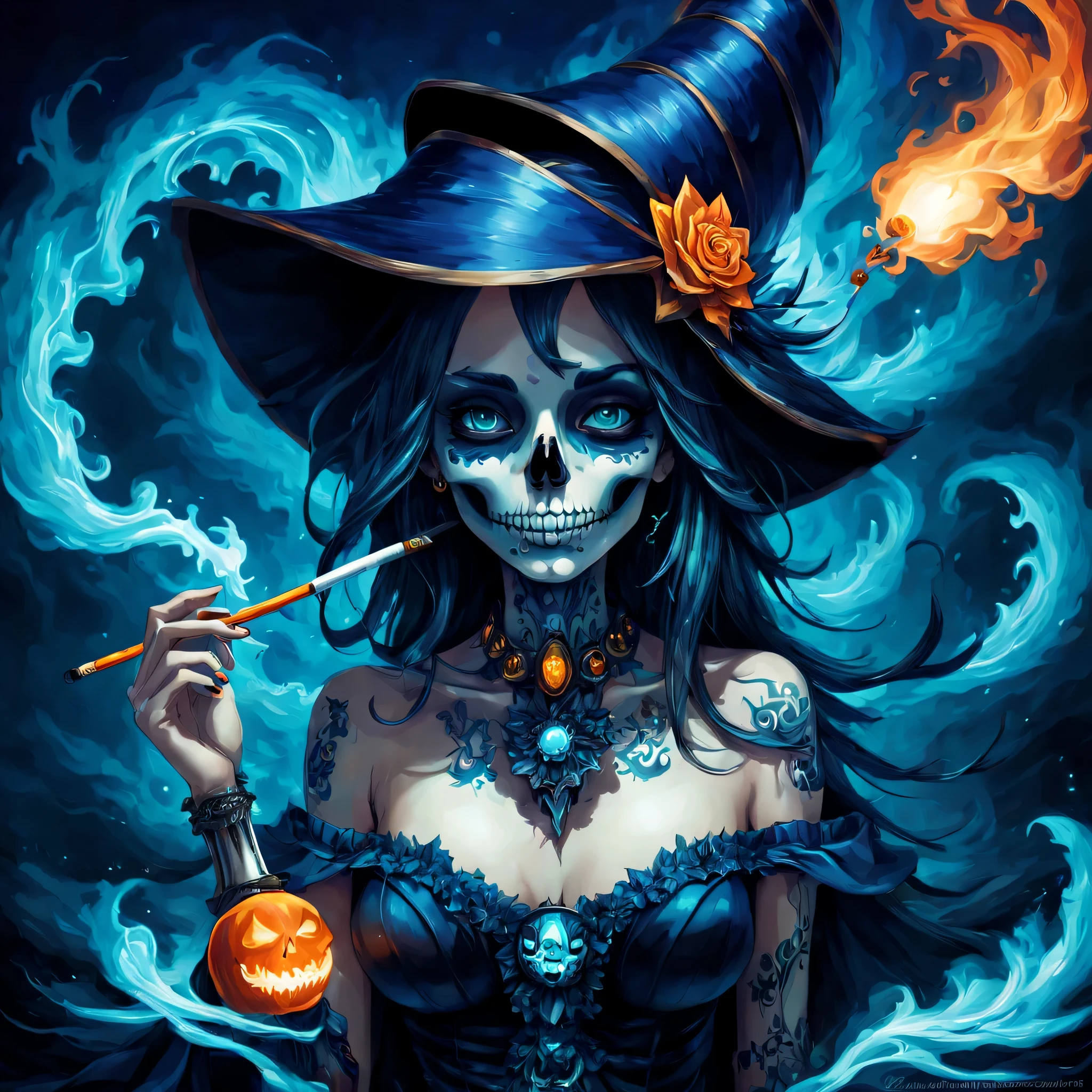 The dark magician girl,cutting  art, cutting works, Blue light lanterns , intricate little ghostly spirits swimming, (Masterpiece), (Best Quality), (Ultra high Detailes) a painting of a skeleton of the dark magicain girl smoking a cigarette, digital art, by Dan Mumford, behance contest winner, psychedelic art, dress made of fire, cyan and orange palette. vivid, andrew tate, his head a skull, burning clouds, woman made of black flames, popular on behance, fractal insane, portrait of professor sinister, bright blue future, icon for an ai app
