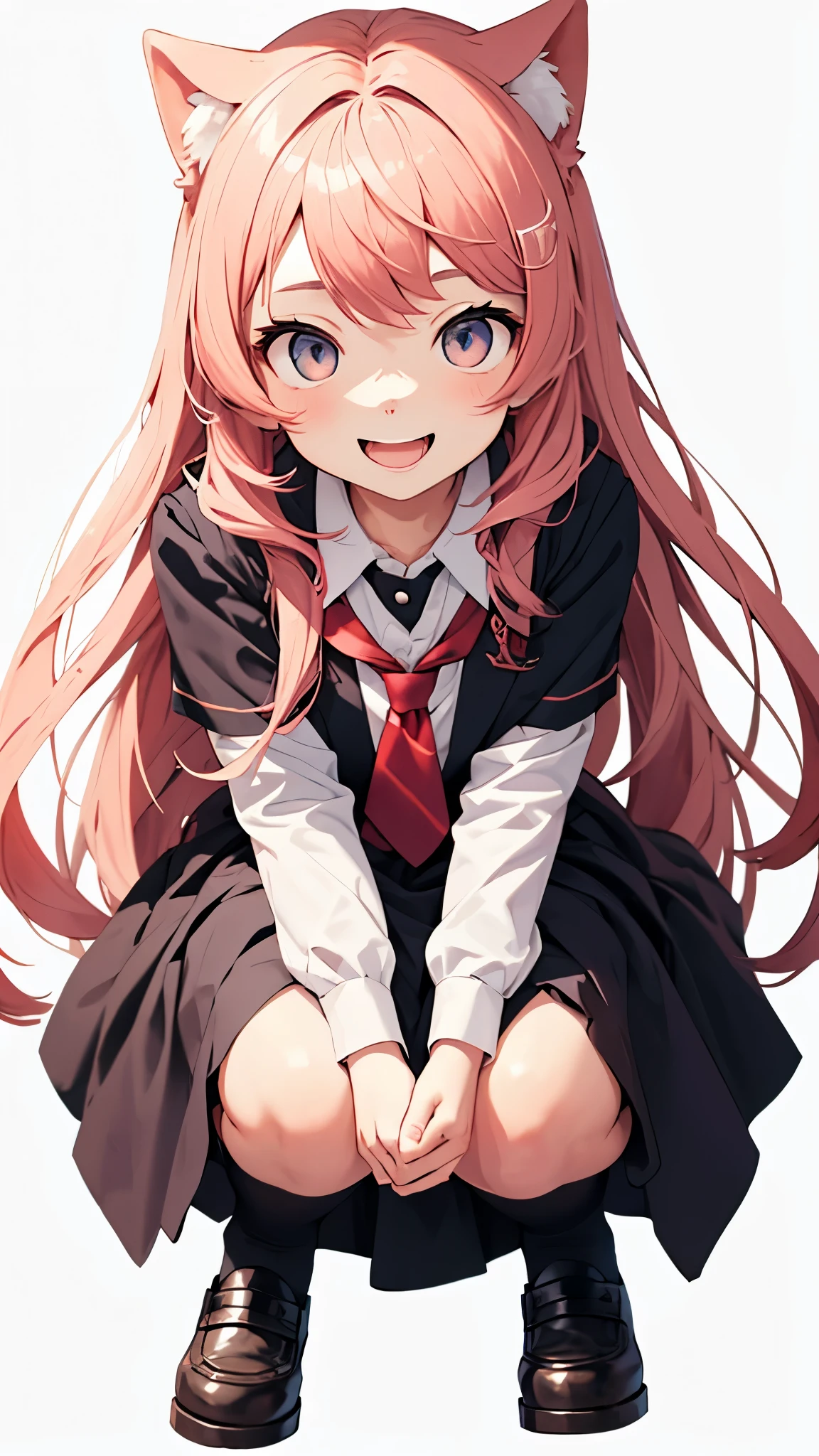 white background、Empty background、 Full body shot, 1 girl, girl smiling from the front、woman gives blowjob, solo, open your mouth wide、Stinking eyes、tsundere eyes、Era: late 20s, pink hair, , long hair, Soft wavy hair, gentle smile, Loose hair, side bangs, Looking at Viewer, People photography, A happy expression, school uniform,uniform、 It's elegant, middle age, Height 5"6,