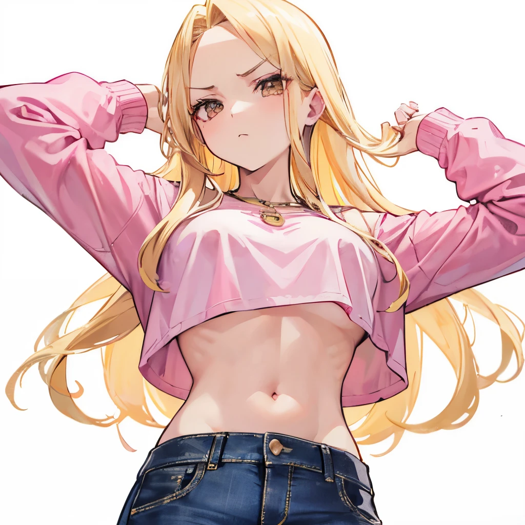 A blonde girl, large forehead, flat chest, brown eyes, pink crop top, jeans, fashion, confident, glaring, white background, baddie