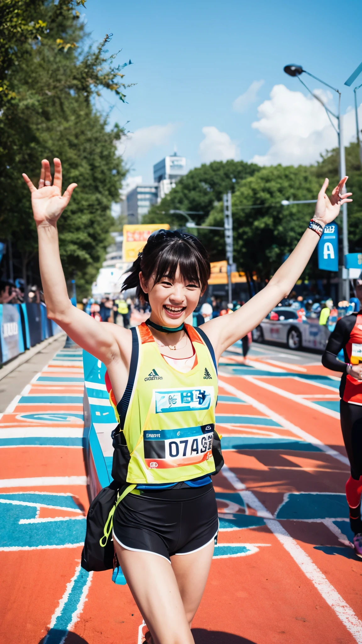 ebook “UNDERSTAND AND BEAT ANXIETY” on the marathon finish sign bright athletes happy at the finish 