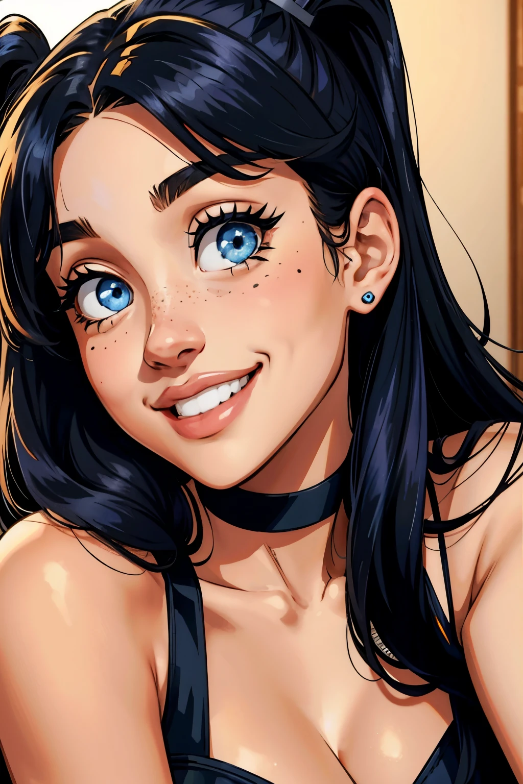 A close up of a woman with blue eyes and a black top - SeaArt AI