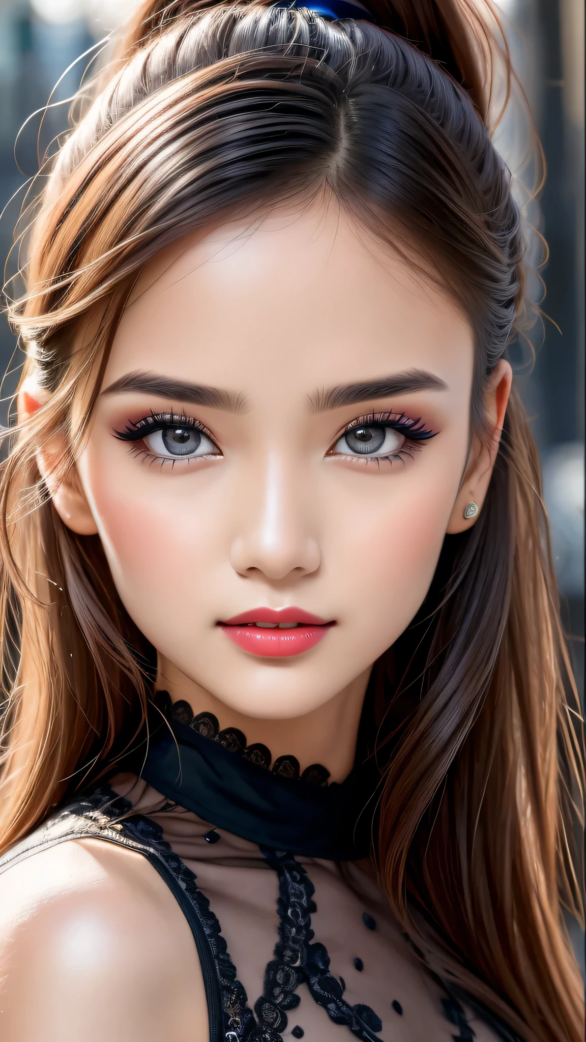 （8K， RAW photos， best qualtiy， tmasterpiece：1.2)，（real， photograph realistic：1.4)，(detailed street:1.4), The ultra -The high-definition、high high quality， highdetailskin，(beautiful 20 years old 1 girl:1.2), evening gown, (large breasts:1.25), (small head:1.45), detailed eyes detailed pupils multiple eyes, split_ponytail, gentle_face, (seduce expression:1.4), dynamic angle, dynamic view, (Glamour, paparazzi taking pictures of her)、 contrast、 dark shot:1.17、 Long blue_eyelashes:1.1、 (matte_eyeshadows:1.3)、 red_lipstick:1.38、((perfect round eyes))、 dark_pink_makeup:134、((matte skin:1.45)), (Super beautiful detailed face:1.5)、(detailed eyes:1.4)、(detailed lips:1.2)、(Detailed nose:1.2)、((very delicate and beautiful、fine details:1.2)、