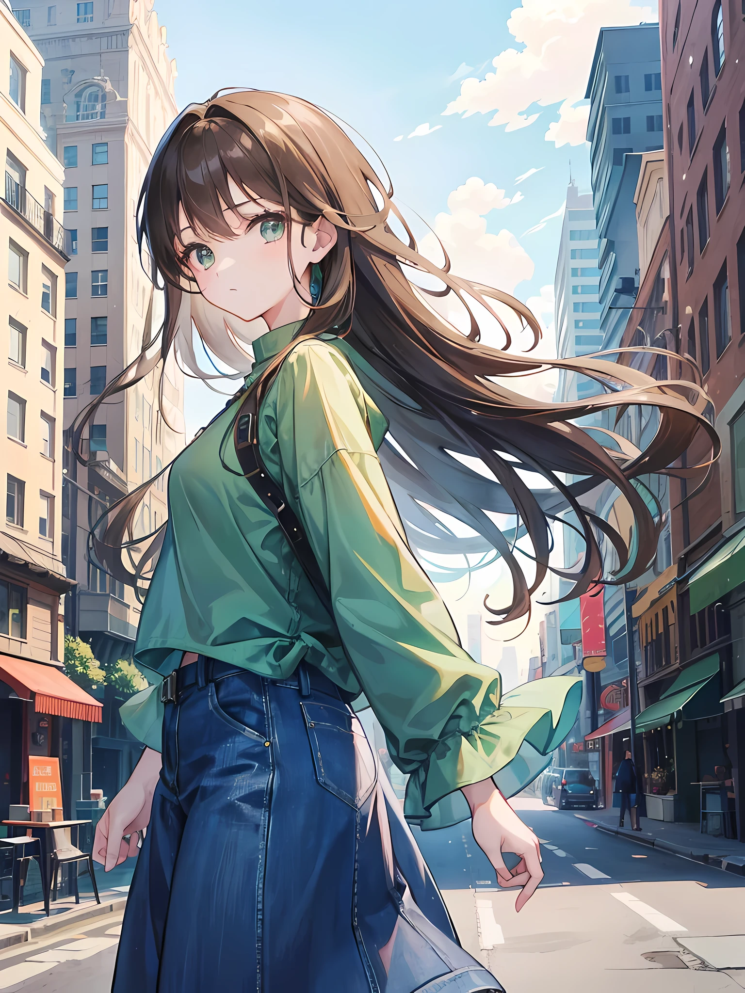 1girl,long brown hair, green eyes, wearing plain blue shirt, denim long skirts, city,
absurdres, high res, ultrasharp, 8K, masterpiece, looking at viewer