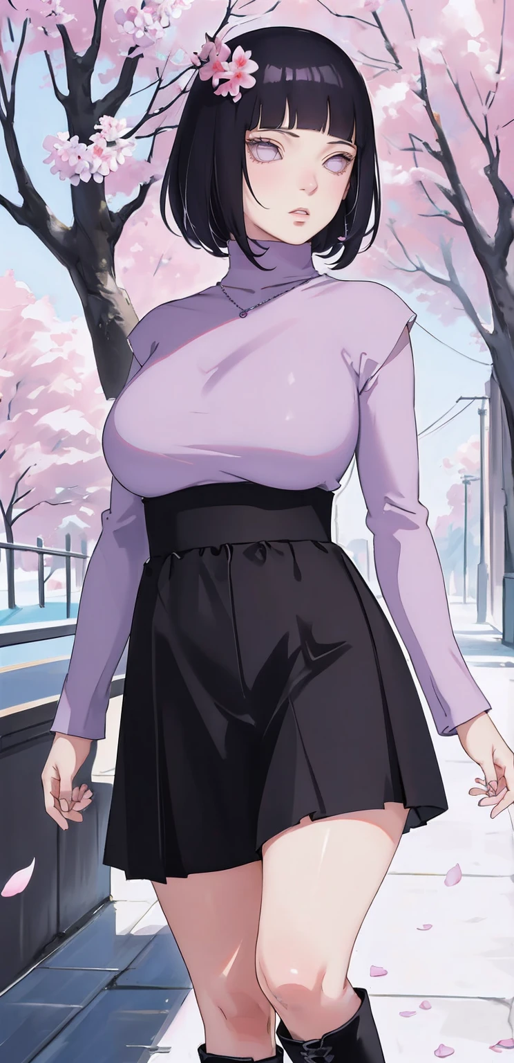 { - anatomy error} (Masterpiece - Ultra-detailed, very high resolution) (huge titusty, masterpiece, absurdres, hinata\(boruto\), 1girl, solo,mature female, lilac turtleneck blouse, high waist black medium skirt, looking at viewelling petals), perfect composition, detailed lips, big breast, beautiful face, body propotion, blush, (pink lips), short hair, (black hair), purple eyes, soft gaze, super realistic, detailed, photoshoot, realistic face and body, closed mouth, lilac eyes, full body, walking on the floor , black boots, perfect fingers, inocent face