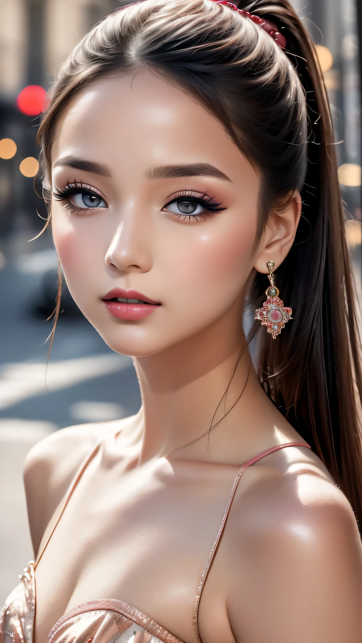 (8K, RAW photos, best qualtiy, tmasterpiece:1.2),(realisticlying, photograph realistic:1.4),(detailed street:1.4), The ultra -The high-definition、high high quality, highdetailskin,(beautiful 20 years old 1 girl:1.2), evening gown, (large breasts:1.25), (small head:1.4), detailed eyes detailed pupils multiple eyes, split_ponytail, gentle_face, (seduce expression:1.4), dynamic angle, dynamic view, (Glamour, paparazzi taking pictures of her)、 contrast、 (dark shot:1.17)、 Long blue_eyelashes:1.22、 (matte_eyeshadows:1.3)、 red_lipstick:1.38、((perfect round eyes))、 dark_pink_makeup:134、(matte skin:1.3), (Super beautiful detailed face:1.4)、(detailed eyes:1.2)、(detailed lips:1.2)、(Detailed nose:1.2)、((very delicate and beautiful、fine details:1.2)、