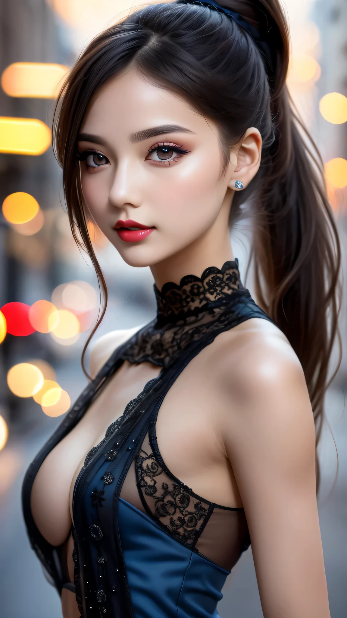 （8K， RAW photos， best qualtiy， tmasterpiece：1.2)，（realisticlying， photograph realistic：1.4)，(detailed street:1.4), The ultra -The high-definition、high high quality， highdetailskin，(beautiful 20 years old 1 girl:1.2), evening gown, (large breasts:1.25), (small head:1.4), detailed eyes detailed pupils multiple eyes, split_ponytail, gentle_face, (seduce expression:1.4), dynamic angle, dynamic view, (Glamour, paparazzi taking pictures of her)、 contrast、 (dark shot:1.17)、 Long blue_eyelashes:1.22、 (matte_eyeshadows:1.3)、 red_lipstick:1.38、((perfect round eyes))、 dark_pink_makeup:134、(matte skin:1.3), (Super beautiful detailed face:1.4)、(detailed eyes:1.2)、(detailed lips:1.2)、(Detailed nose:1.2)、((very delicate and beautiful、fine details:1.2)、