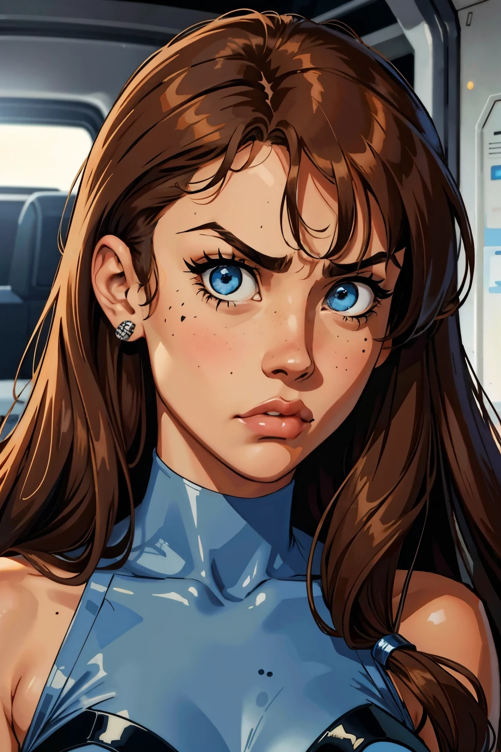 Ariana Grande, brown straight hair, straight bangs, dark skin, blue eyes, pecas, angry, frown, slanted eyes, retrato