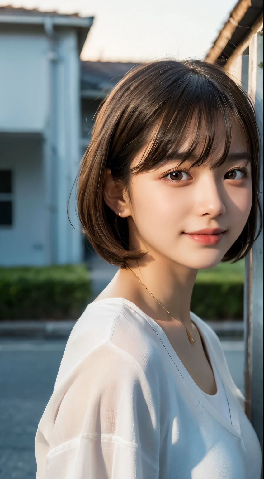 (highest quality,8K quality,masterpiece:1.3),(Super high resolution,Photoreal:1.4,Raw photo),(super detailed,caustics,detailed background),(ultra-realistic capture,Beautifully detailed skin,perfect anatomy),at dusk,sunset sky,school building,schoolyard,18-year-old,cute,single eyelid,black short bob,white clothes、,look at the camera,laughter,bust up shot,natural soft light