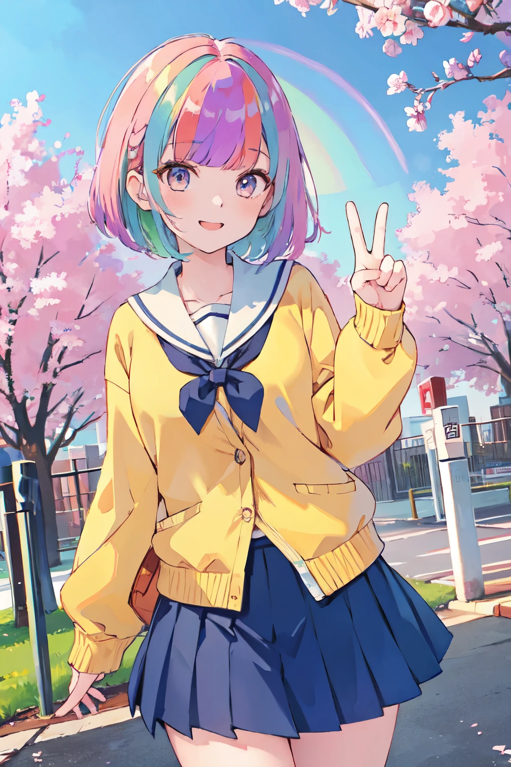 (In 8K, best quality, muste piece:1.2)、ultra high resolution,1 girl,ultra-detailed face,detailed eyes, (((Rainbow Hair)))、short hair,blunt bangs,Slim body,BREAK,school uniform, beige cardigan,pleated skirt,cinema lighting,smile,peace sign,BREAK,blue sky,School,In front of the school gate,cherry blossoms