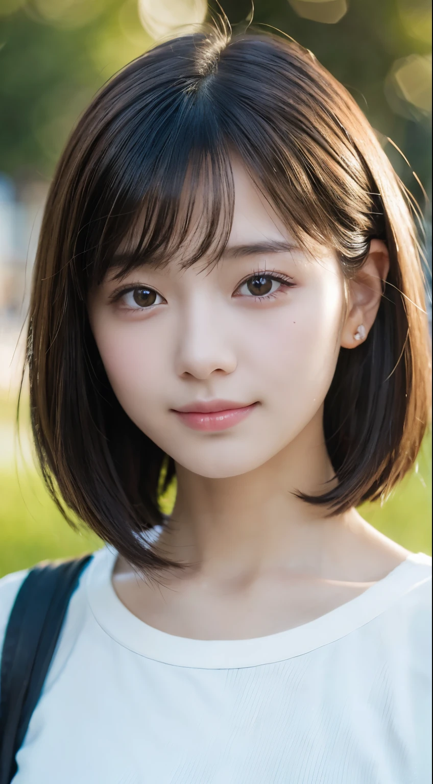(highest quality,8K quality,masterpiece:1.3),(Super high resolution,Photoreal:1.4,Raw photo),(super detailed,caustics,detailed background),(ultra-realistic capture,Beautifully detailed skin,perfect anatomy),at dusk,sunset sky,school building,schoolyard,18-year-old,cute,single eyelid,black short bob,white clothes、,look at the camera,laughter,bust up shot,natural soft light
