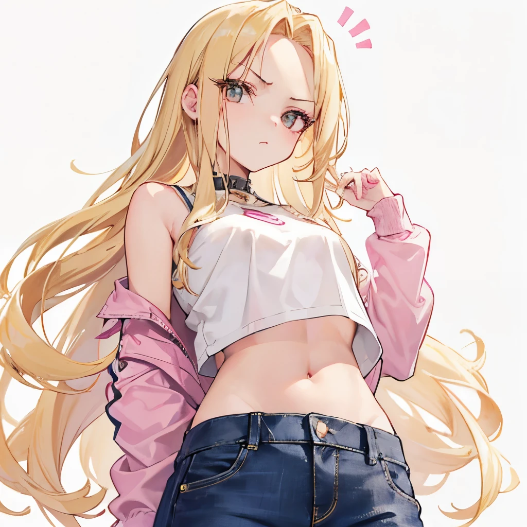 A blonde girl, large forehead, flat chest, brown eyes, pink crop top, jeans, fashion, confident, glaring, white background, baddie, mean girl, bully