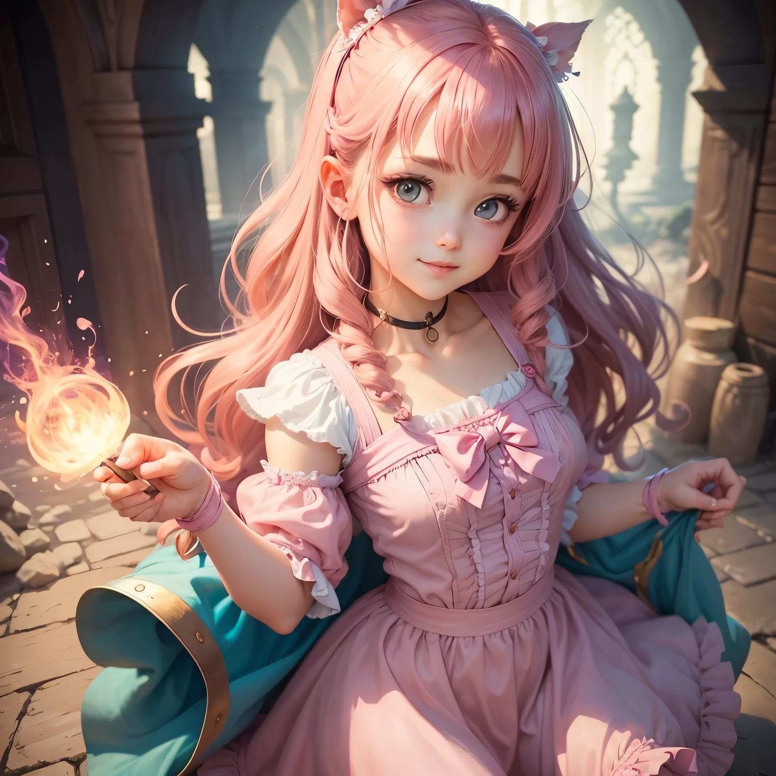The image depicts a cartoon girl donning a pink dress, a pink bow hairclip, and wielding a magic wand. Her outfit is pink and features a frilly design, giving her a charming and playful appearance. Her long, curly hair is tied back with the bow hairclip, which complements her outfit perfectly. She also holds a magic wand in her hand, adding to the magical and fantasy-like atmosphere of the image. Her face is charming with big, expressive eyes and a small smile, making her look adorable and irresistible. The overall image is detailed and exudes a sense of warmth and happiness, completing the stable diffusion of serenity and contentment,masterpiece, best quality