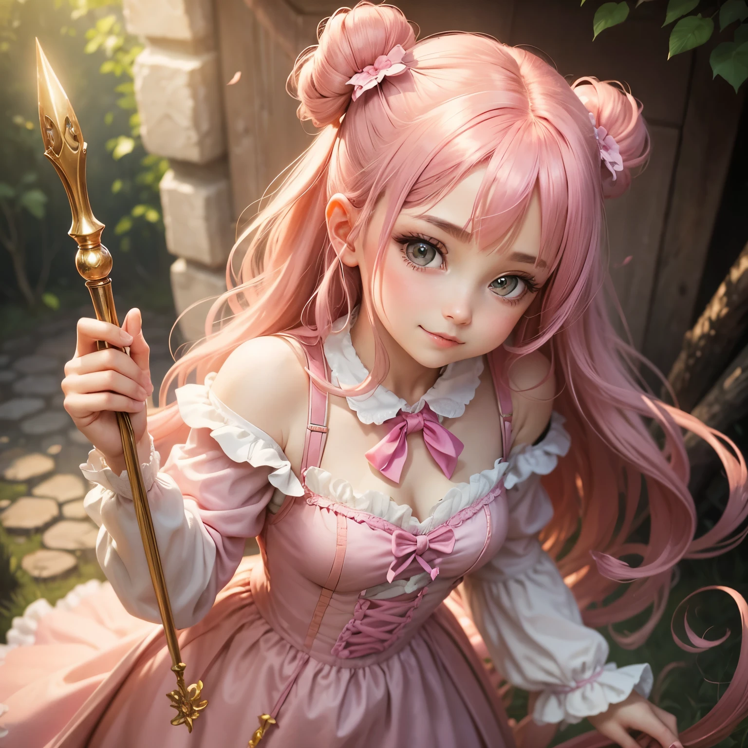 The image depicts a cartoon girl donning a pink dress, a pink bow hairclip, and wielding a magic wand. Her outfit is pink and features a frilly design, giving her a charming and playful appearance. Her long, curly hair is tied back with the bow hairclip, which complements her outfit perfectly. She also holds a magic wand in her hand, adding to the magical and fantasy-like atmosphere of the image. Her face is charming with big, expressive eyes and a small smile, making her look adorable and irresistible. The overall image is detailed and exudes a sense of warmth and happiness, completing the stable diffusion of serenity and contentment,masterpiece, best quality