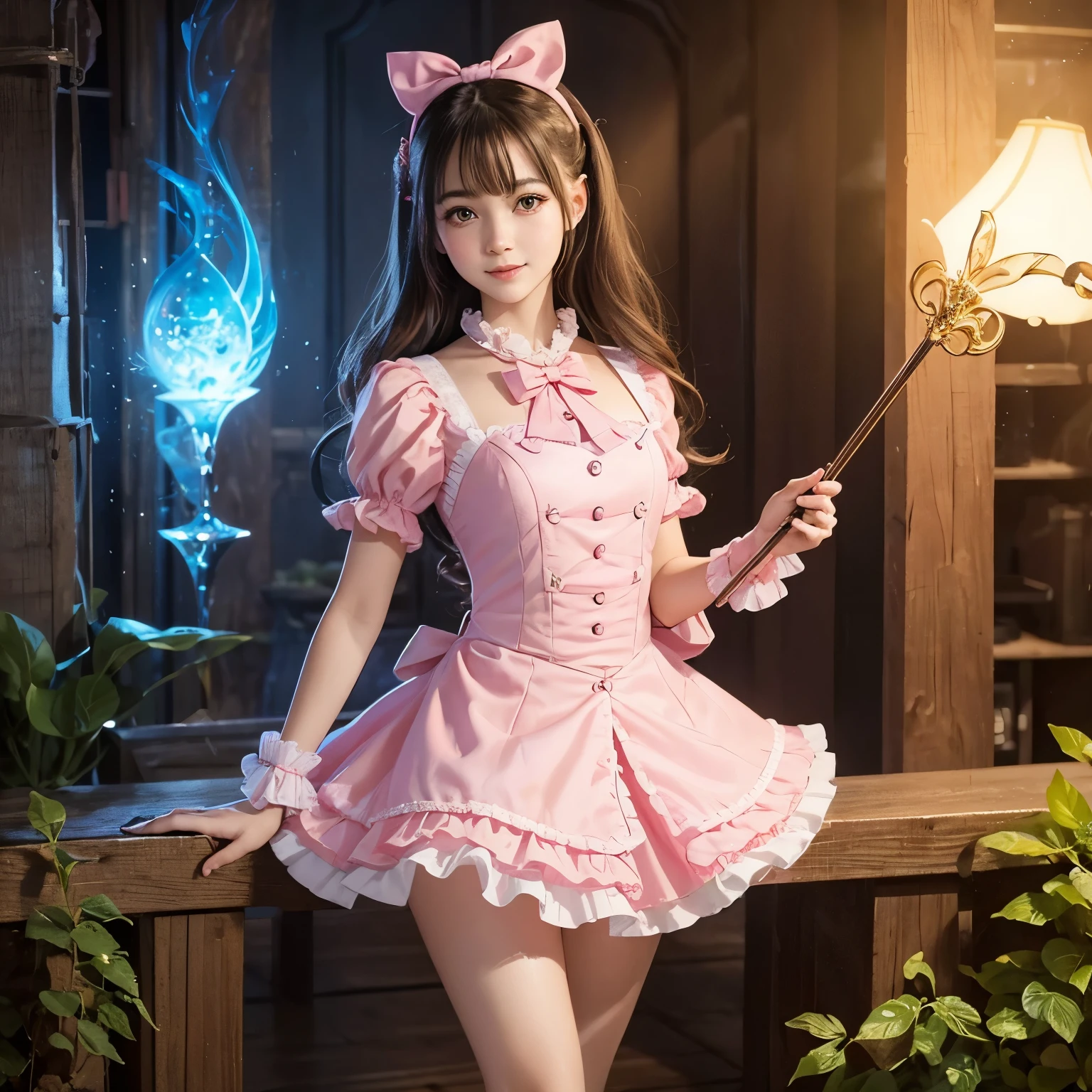 The image depicts a cartoon girl donning a pink dress, a pink bow hairclip, and wielding a magic wand. Her outfit is pink and features a frilly design, giving her a charming and playful appearance. Her long, curly hair is tied back with the bow hairclip, which complements her outfit perfectly. She also holds a magic wand in her hand, adding to the magical and fantasy-like atmosphere of the image. Her face is charming with big, expressive eyes and a small smile, making her look adorable and irresistible. The overall image is detailed and exudes a sense of warmth and happiness, completing the stable diffusion of serenity and contentment,masterpiece, best quality
