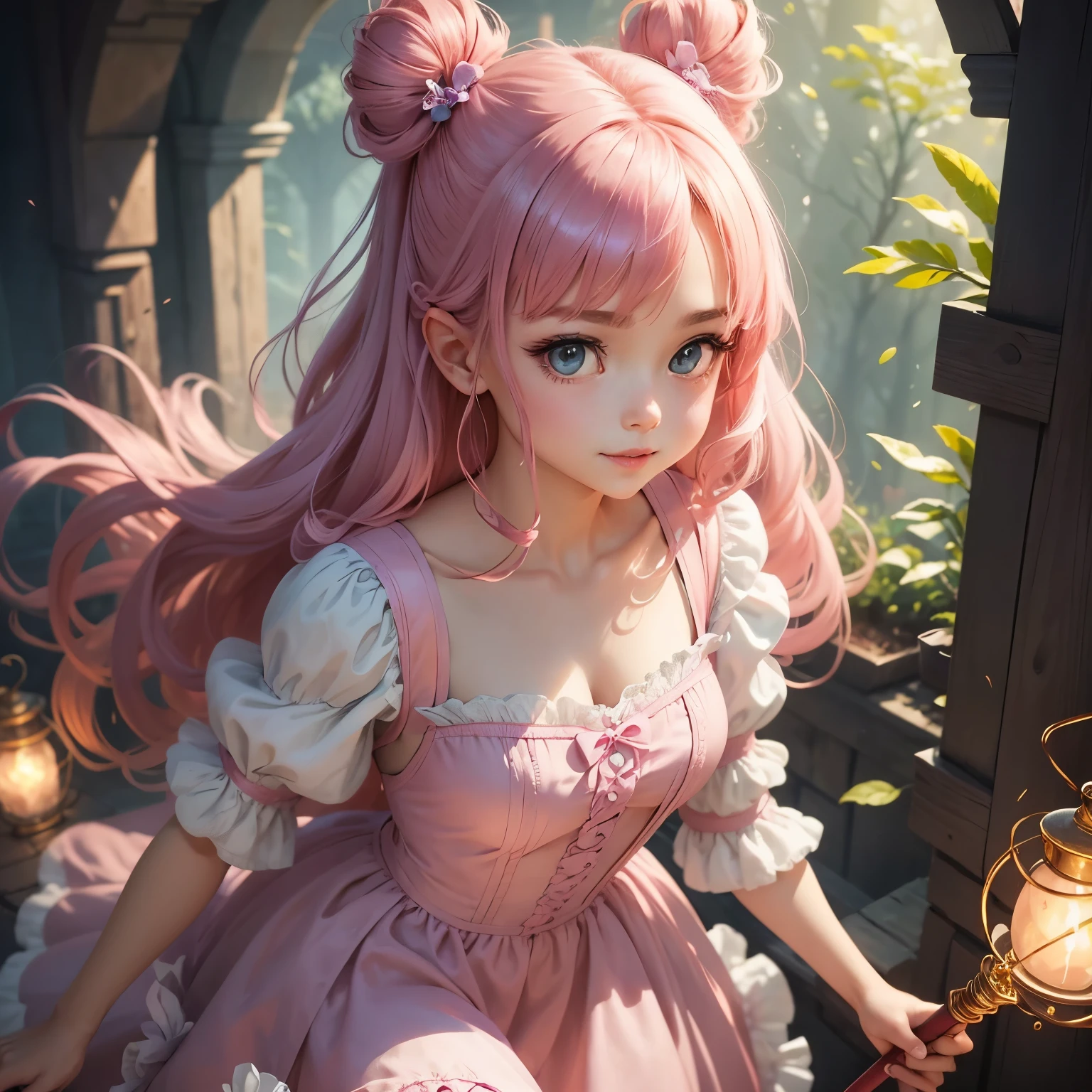 The image depicts a cartoon girl donning a pink dress, a pink bow hairclip, and wielding a magic wand. Her outfit is pink and features a frilly design, giving her a charming and playful appearance. Her long, curly hair is tied back with the bow hairclip, which complements her outfit perfectly. She also holds a magic wand in her hand, adding to the magical and fantasy-like atmosphere of the image. Her face is charming with big, expressive eyes and a small smile, making her look adorable and irresistible. The overall image is detailed and exudes a sense of warmth and happiness, completing the stable diffusion of serenity and contentment,masterpiece, best quality