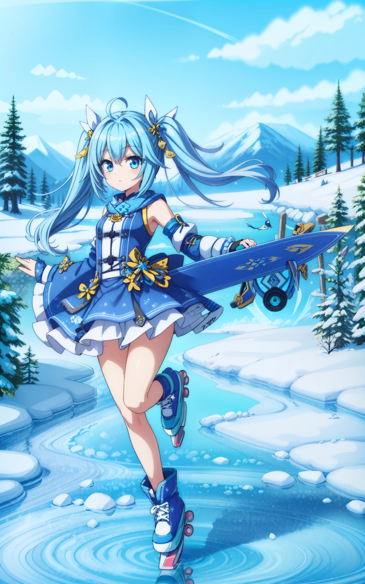 light blue long hair、Beautiful girl with twin tails、Polaris skate on an icy lake，Spin and jump gracefully。 Bigger in the center、dark blue student，Dressed in blue，Mix with a little warm pink。 nature：A vibrant welcome，helpful。 hobby：photo shoot，skiing，skate，Ice sculpture。 scene：Polaris skate on an icy lake，She spins and jumps gracefully，dance beautifully。Her reflection is reflected in the ice，It's like a video