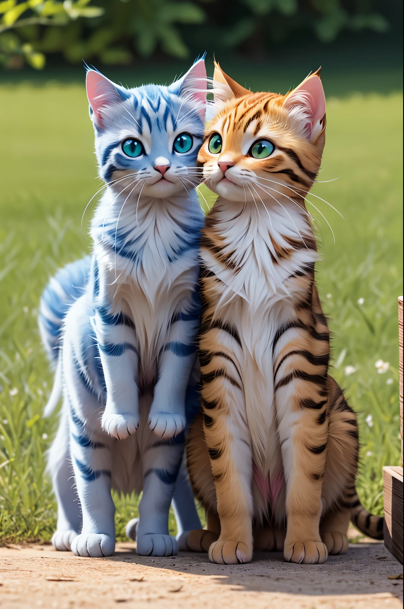 best quality,ultra-detailed,realistic,highres,masterpiece:1.2,adorable fluffy kittens,pair of kittens,playful kittens,detailed fur textures,vibrant green grass,young grasshopper,frolicking in the backyard,natural lighting,bright sunny day,soft sunlight filtering through the trees,joyful atmosphere,playful interaction,sharp focus,crisp details,playful expressions,curious little noses,playfully pawing at the grasshopper,precise movement of grasshopper's legs,fluffy tails in motion,carefully chasing and pouncing on their new friend,vivid colors,pastel colors,bright greens and blues,colorful playtime,expressive whiskers,delicate pink noses and ears