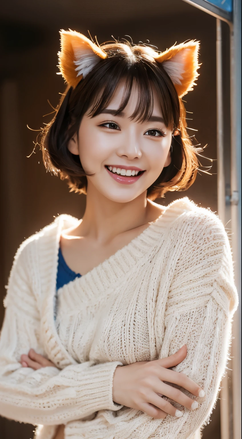 masterpiece, highest quality, official art, Highly detailed CG Unity 8K wallpaper, single girl, ultra high resolution, (realistic: 1.4), golden hour lighting, sweater dress, (Upper body), (K-POP idol), (attractive: 1), (Platinum Short Hair: 0.8), ((puffy eyes)), looking at the viewer, facing forward, smile, laughter,middle chest, shirt lift, gloves,short hair, ( Blue dog ears),