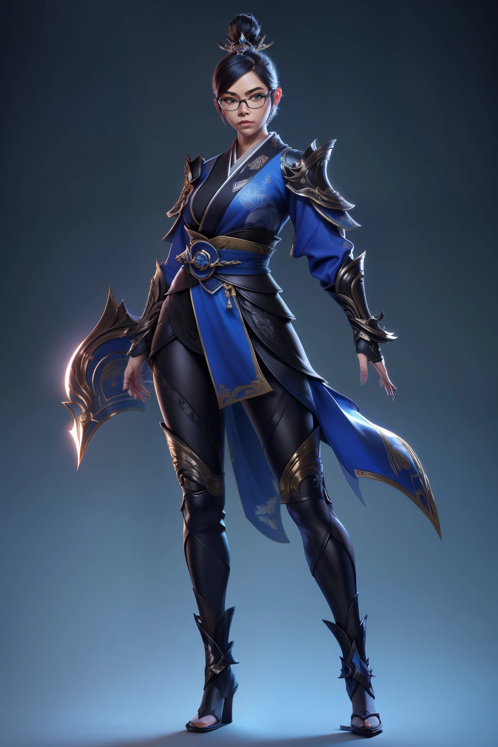 solo, 20 year old black woman with glasses , com ,big vagina Art Vista de Corpo Inteiro, plano completo, Vista frontal, Vista lateral, vista traseira, de personagem, foto super fina, arte digital de corpo inteiro Unreal Engine 5 8K UHD de uma garota, arte conceitual, design conceitual de personagem, wearing blue kimono with Japanese details with tight black jumpsuit with metallic armor details, armadura de armas, japanese short hair, melhor qualidade , obra-prima, super detalhado, sharp focus, pose feminina