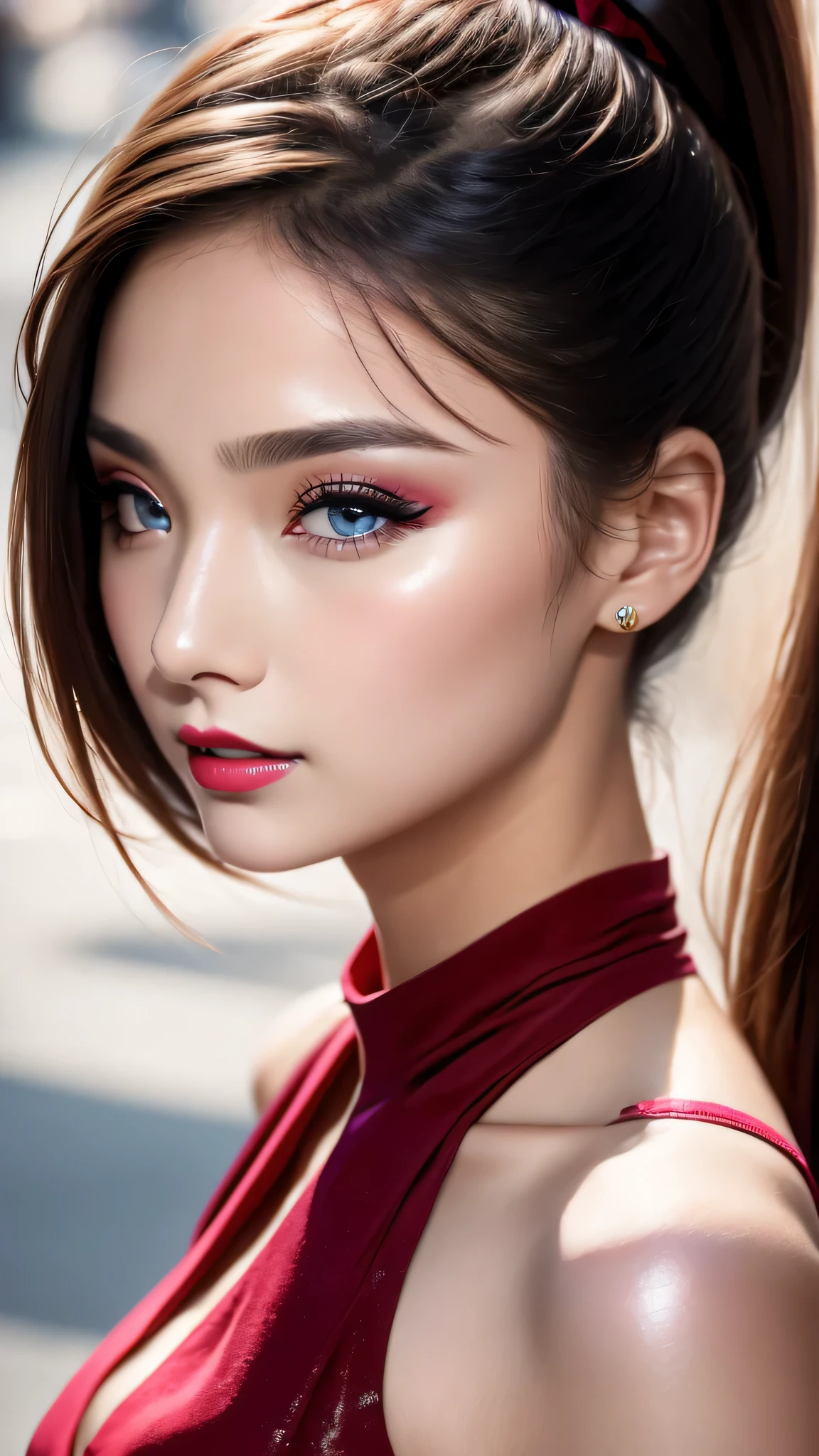 (8K, best qualtiy, tmasterpiece:1.2),(real:1.5、photorealistic:1.5),(detailed street:1.4), ((The ultra -The high-definition))、high high quality, highdetailskin,(beautiful 22 years old 1 girl:1.2), evening gown, (large breasts:1.25), ((small head:1.4)), detailed eyes detailed pupils multiple eyes, split_ponytail, (gentle_face), (seduce expression:1.4), dynamic angle, dynamic view, (Glamour, paparazzi taking pictures of her)、 contrast、 dark shot:1.17、 Long blue_eyelashes:1.1、 red_lipstick:1.38、((perfect round eyes))、 dark_pink_makeup:134、((matte skin:1.45)), (Super beautiful detailed face:1.4)、(detailed eyes:1.35)、(detailed lips:1.2)、(Detailed nose:1.2)、((very delicate and beautiful、fine details:1.2)、