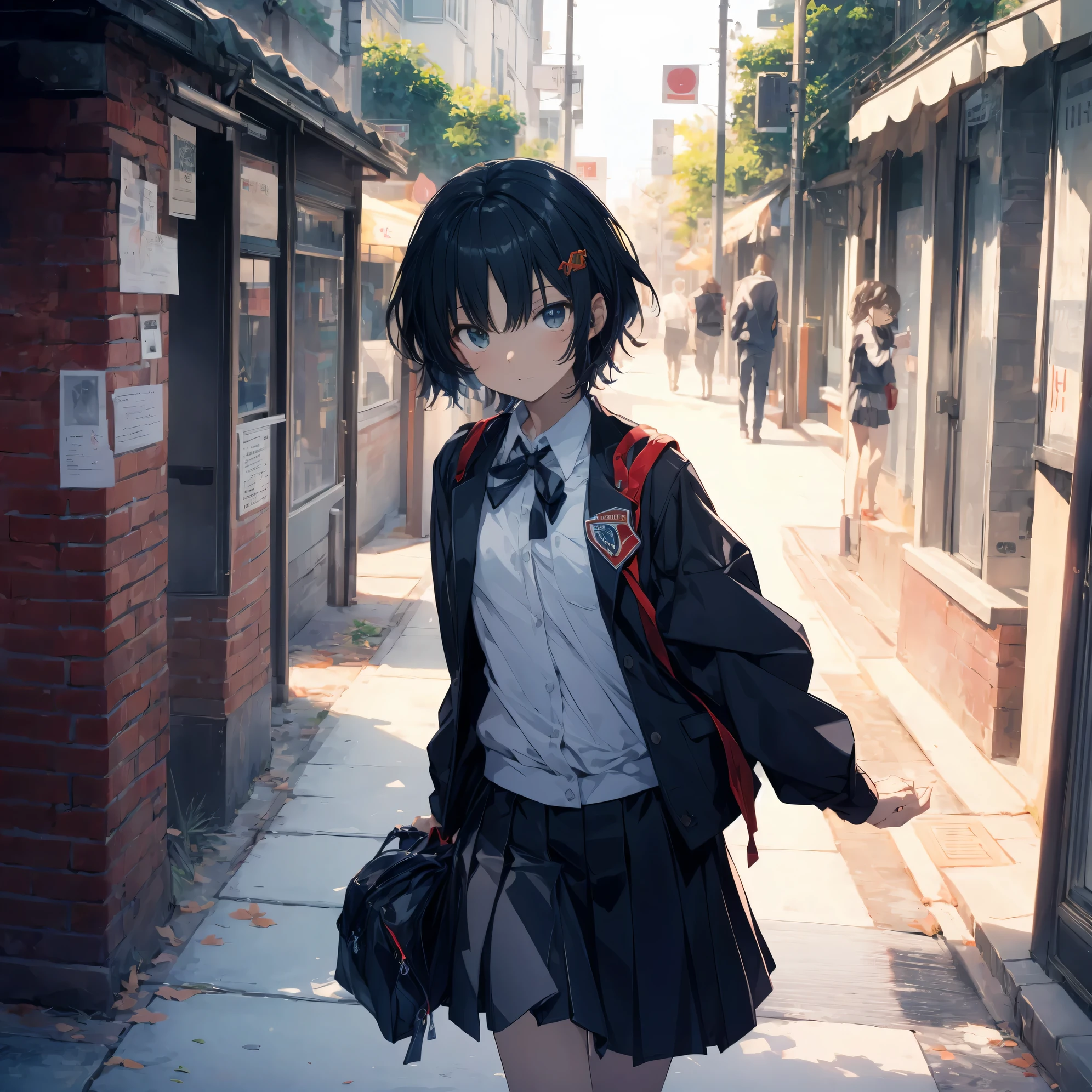 Super high quality by the art god, super detailed, High resolution, Shinkai Makoto style, anime moe art style, best anime 8K konachan wallpaper, pixiv contest winner, perfect ???????, break,(眠そうにalone学校へ行く女の子を描いてください. ),break, surreal high school girl, (alone,lolita, , 13 years old:1.3),All limbs, full finger,, androgynous charm, (very short hair), messy hair, flat chest, , small ass, between legs, Small black eyes,hanme,beautiful and fine eyes, Well-proportioned iris and pupils, disgusted eyes, High resolutionの詳細な髪, wearing school uniform, (skirt), On the way to school. break,super dense skin, Best lighting by famous artists, 8K, figure,UHD, rough skin