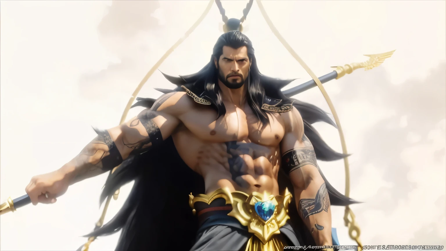 (Best quality, 8k, 32k, Masterpiece, UHD:1.2),musculoso, homem, cabelo muito longo e preto, tatuagens azuis, espada nas costas, Serious look, super realista