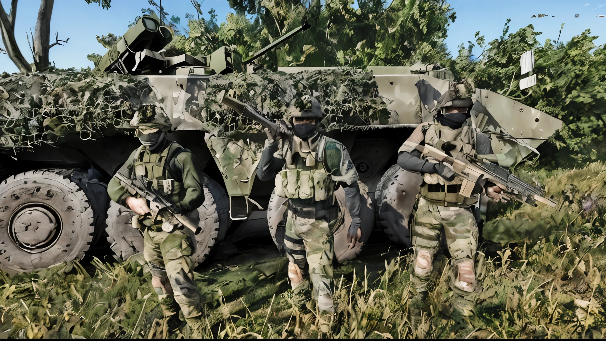 soldiers in camouflage standing in front of a military vehicle, squad fighting enemy, arma 3 screenshot, arma 3, realistic soldiers, tactical team in hell, armored units, several soldiers, realistic military gear, heavily armoured, french special ops, clothes in military armor, squad, realistic military equipment, camouflaged gear, in game, hq very detailed, ssao, full soldier clothing