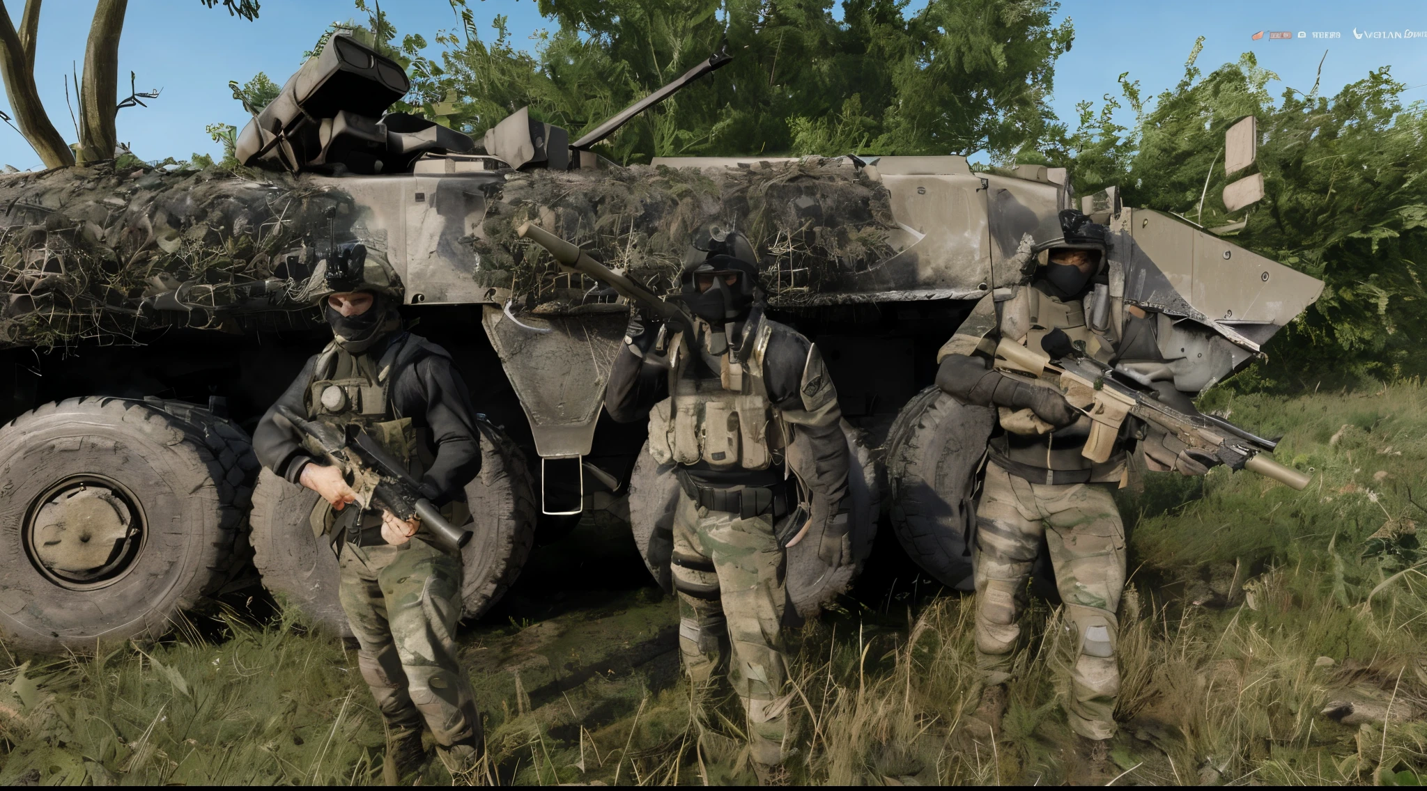 soldiers in camouflage standing in front of a military vehicle, squad fighting enemy, arma 3 screenshot, arma 3, realistic soldiers, tactical team in hell, armored units, several soldiers, realistic military gear, heavily armoured, french special ops, clothes in military armor, squad, realistic military equipment, camouflaged gear, in game, ssao, hq very detailed