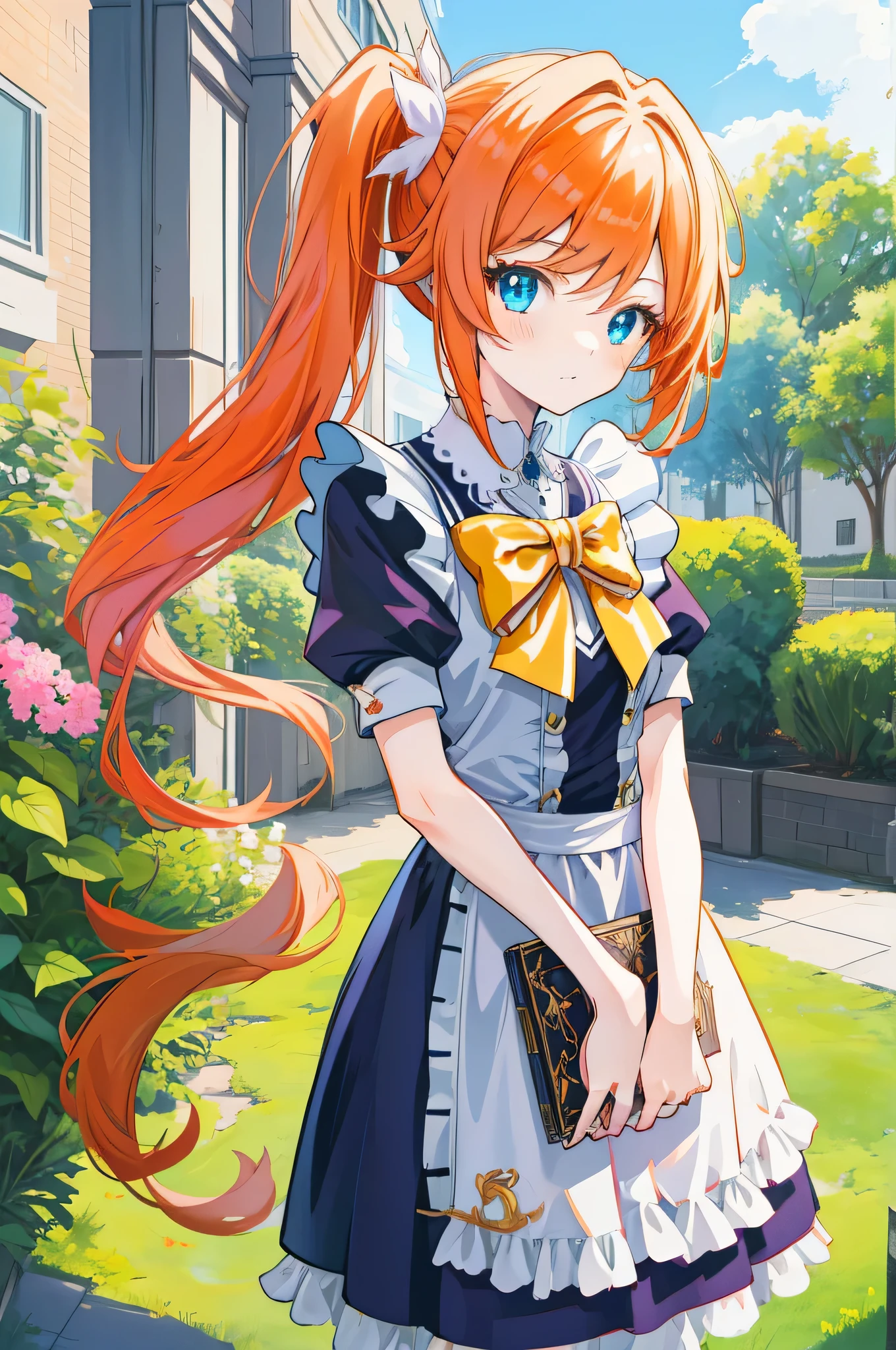 anime girl with orange hair and bow tie, Beautiful anime high school girl wearing a maid outfit, beautiful anime girl, Cute girl anime visual, cute anime girl, up of young anime girl,side ponytail,