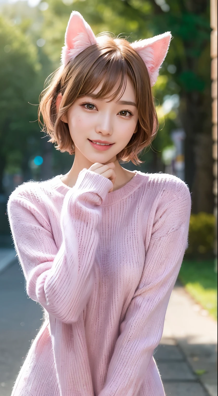 masterpiece, highest quality, official art, Highly detailed CG Unity 8K wallpaper, single girl, ultra high resolution, (realistic: 1.4), golden hour lighting, pink sweater dress, (Upper body), (K-POP idol), (attractive: 1), (Platinum Short Hair: 0.8), ((puffy eyes)), looking at the viewer, facing forward, smile, laughter,middle chest, shirt lift, gloves,short hair, (Pink dog ears),