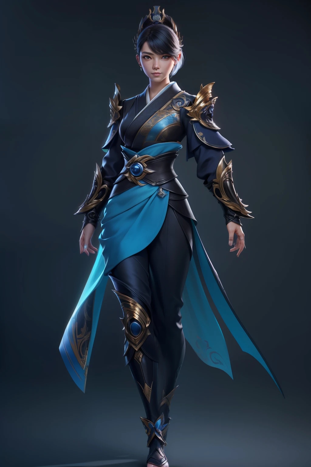 solo, 20 black Um jovem moreno com cabelo crespo e crespo usando digital de corpo inteiro Unreal Engine 5 8K UHD de uma garota, arte conceitual, design conceitual de personagem, wearing blue kimono with Japanese details with tight black jumpsuit with metallic armor details, armadura de armas, japanese short hair, melhor qualidade , obra-prima, super detalhado, sharp focus, pose feminina
