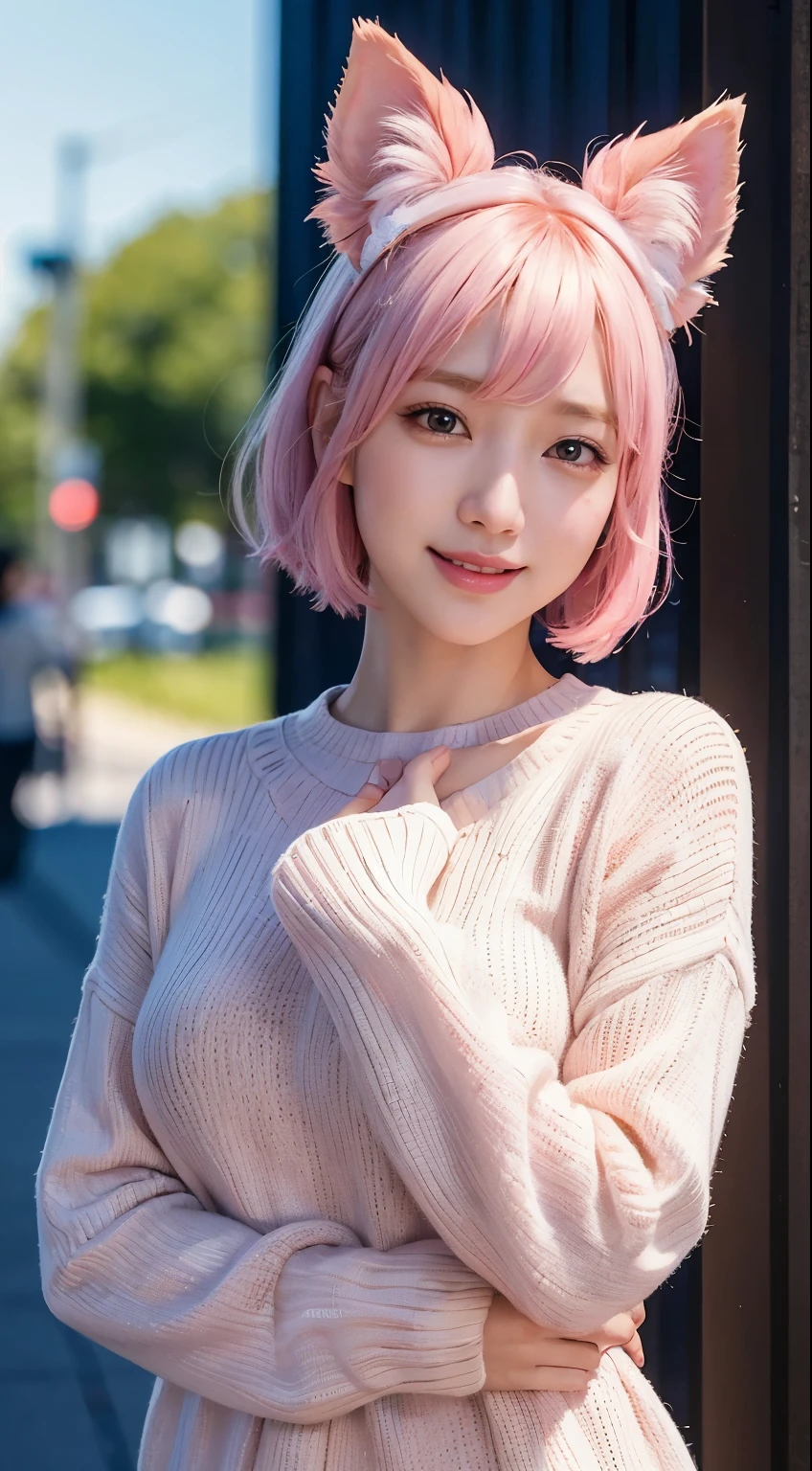 highest quality, Ultra-high resolution, (Realistic:1.4), (Detailed beautiful girl:1.4), (Medium chest:0.8), Looking_in_Audience, Detailed facial details, Beautiful fine details,Pink Hair, blue eyes, thin, An unforgettable smile, (compensate:0.3), Red lips, Very fine clothing, (Ulzzang-6500-v1.1:0.3) 、 are visible