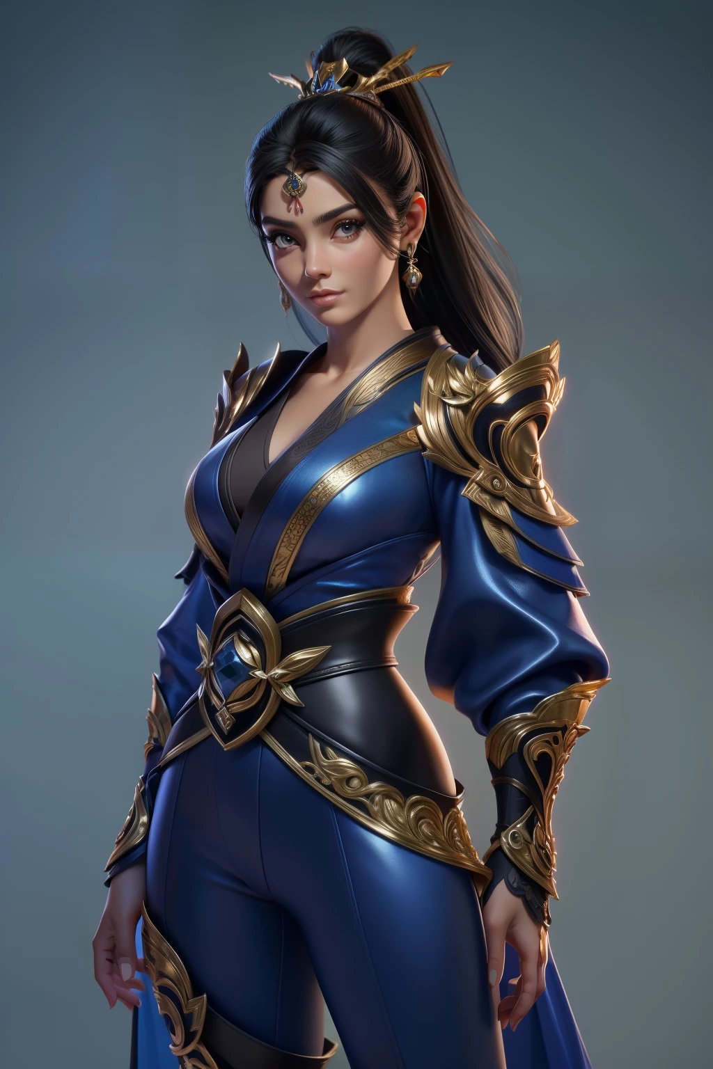 solo, Um jovem pele negra morena moreno com cabelo crespo e crespo usando digital de corpo inteiro Unreal Engine 5 8K UHD de uma garota, arte conceitual, design conceitual de personagem, wearing blue kimono with Japanese details with tight black jumpsuit with metallic armor details, armadura de armas, melhor qualidade , obra-prima, super detalhado, sharp focus, pose feminina