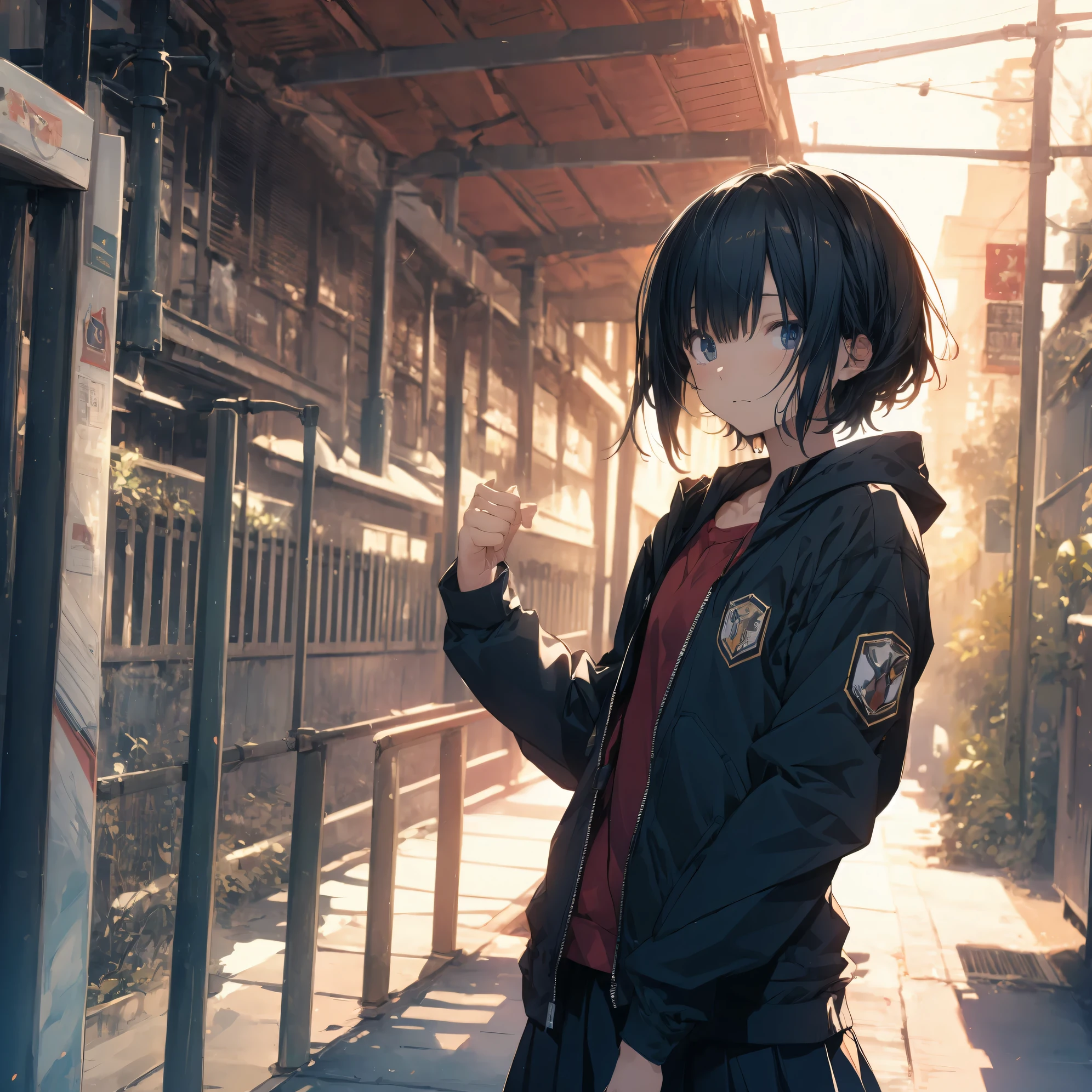 Super high quality by the art god, super detailed, High resolution, Shinkai Makoto style, anime moe art style, best anime 8K konachan wallpaper, pixiv contest winner, perfect anatomy, break,(眠そうにalone学校へ行く女の子を描いてください. ),break, surreal high school girl, (alone,lolita, , 13 years old:1.3),All limbs, full finger,, androgynous charm, (very short hair), messy hair, flat chest, , small ass, between legs, Small black eyes,hanme,beautiful and fine eyes, Well-proportioned iris and pupils, disgusted eyes, High resolutionの詳細な髪, wearing school uniform, (skirt), On the way to school. break,super dense skin, Best lighting by famous artists, 8K, figure,UHD, rough skin