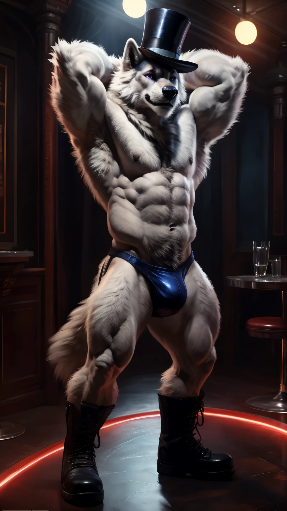 By taran fiddler, by pixelsketcher, by darkgem, by honovy, by foxovh, solo, male, muscular, canine, ((white wolf)), purple eyes, smirking, looking at viewer, detailed eyes, thong, standing, hairy, nude, hands behind head, strip club, (combat boots, top hat)